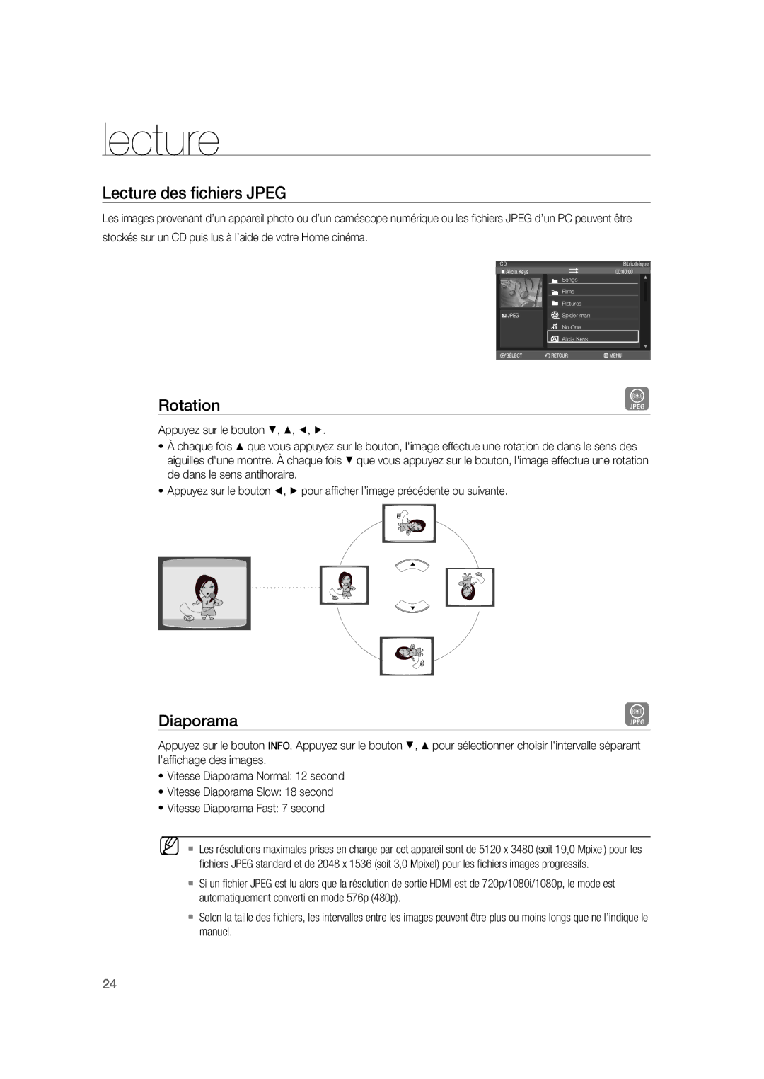 Samsung RTS-HE20T/XEF manual Rotation, Diaporama, Stockés sur un CD puis lus à l’aide de votre Home cinéma 