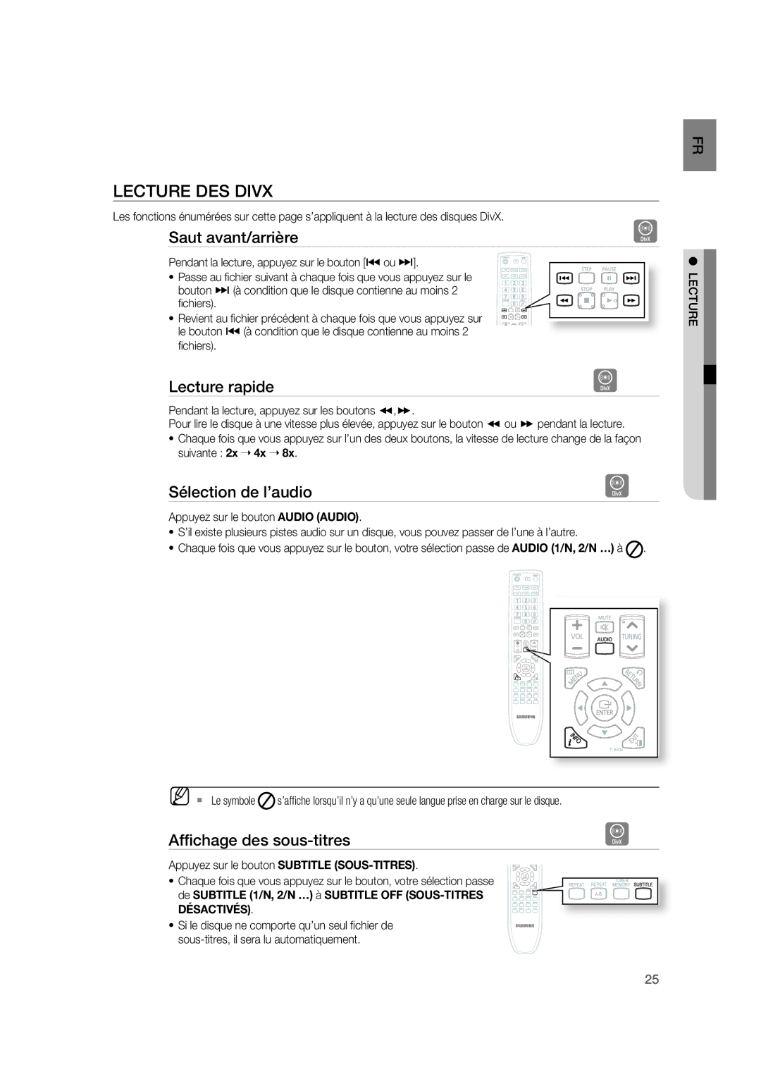 Samsung RTS-HE20T/XEF Lecture DES Divx, Saut avant/arrière, Lecture rapide, Sélection de l’audio, Afﬁchage des sous-titres 