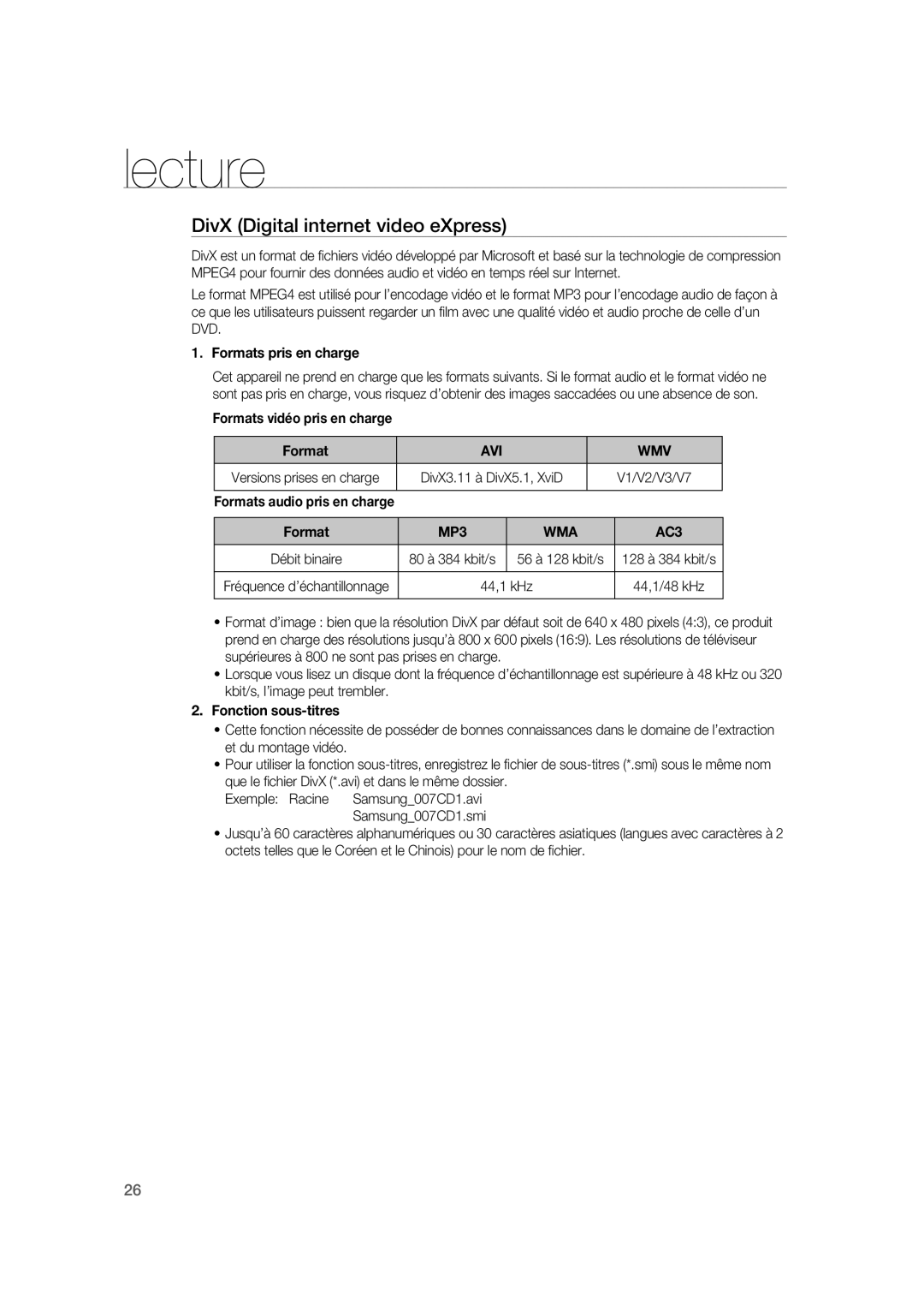 Samsung RTS-HE20T/XEF manual DivX Digital internet video eXpress, Formats pris en charge, Formats vidéo pris en charge 