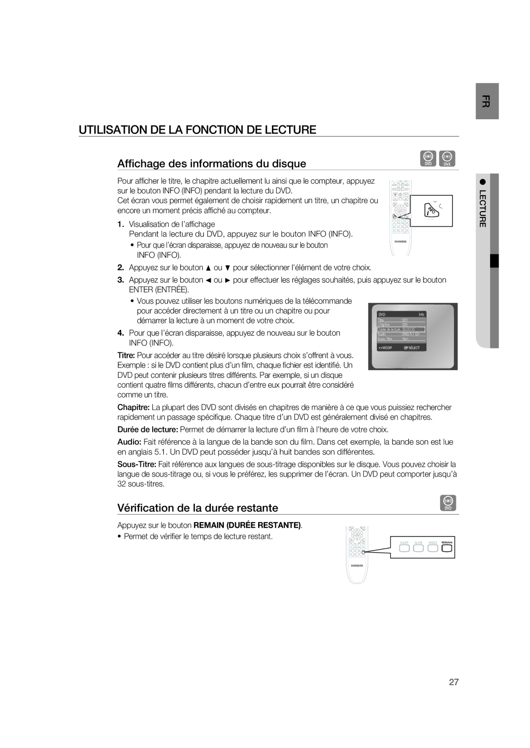 Samsung RTS-HE20T/XEF manual Utilisation DE LA Fonction DE Lecture, Afﬁchage des informations du disque 