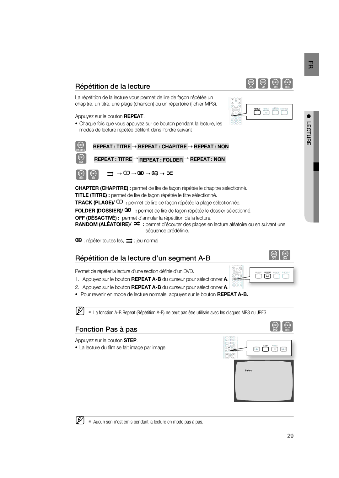 Samsung RTS-HE20T/XEF manual Répétition de la lecture d’un segment A-B, Fonction Pas à pas 