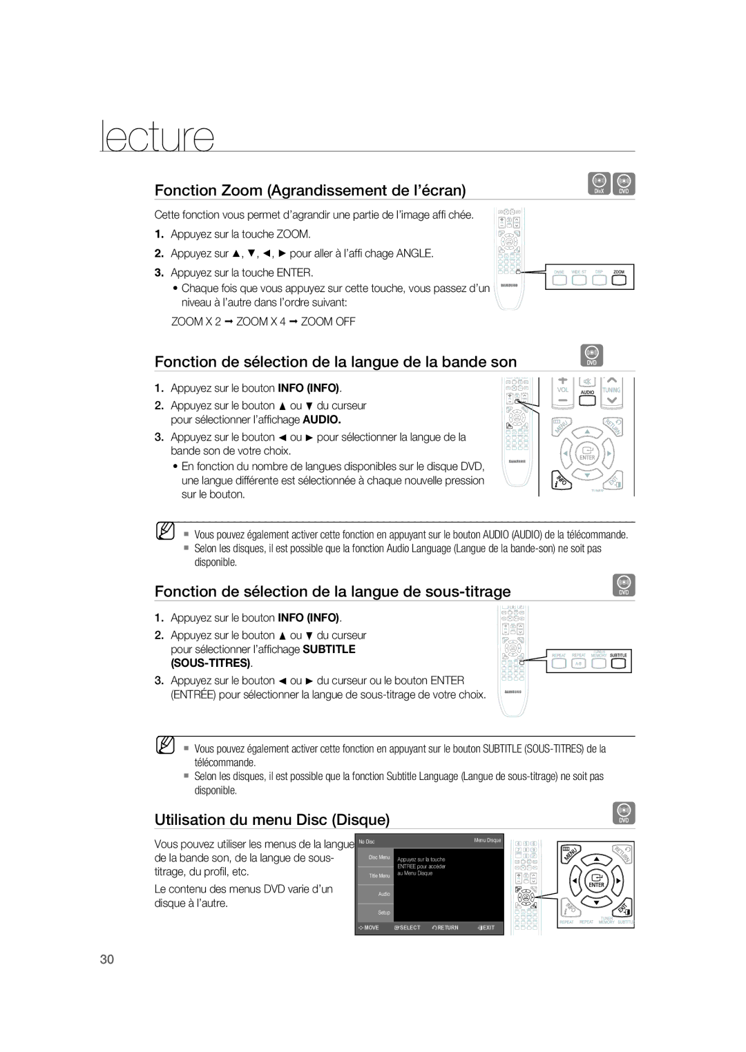 Samsung RTS-HE20T/XEF manual Fonction Zoom Agrandissement de l’écran, Fonction de sélection de la langue de la bande son 