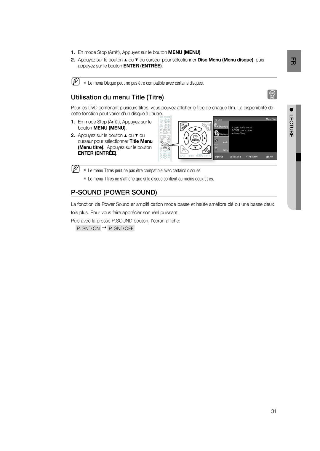 Samsung RTS-HE20T/XEF manual Utilisation du menu Title Titre, SND on P. SND OFF 