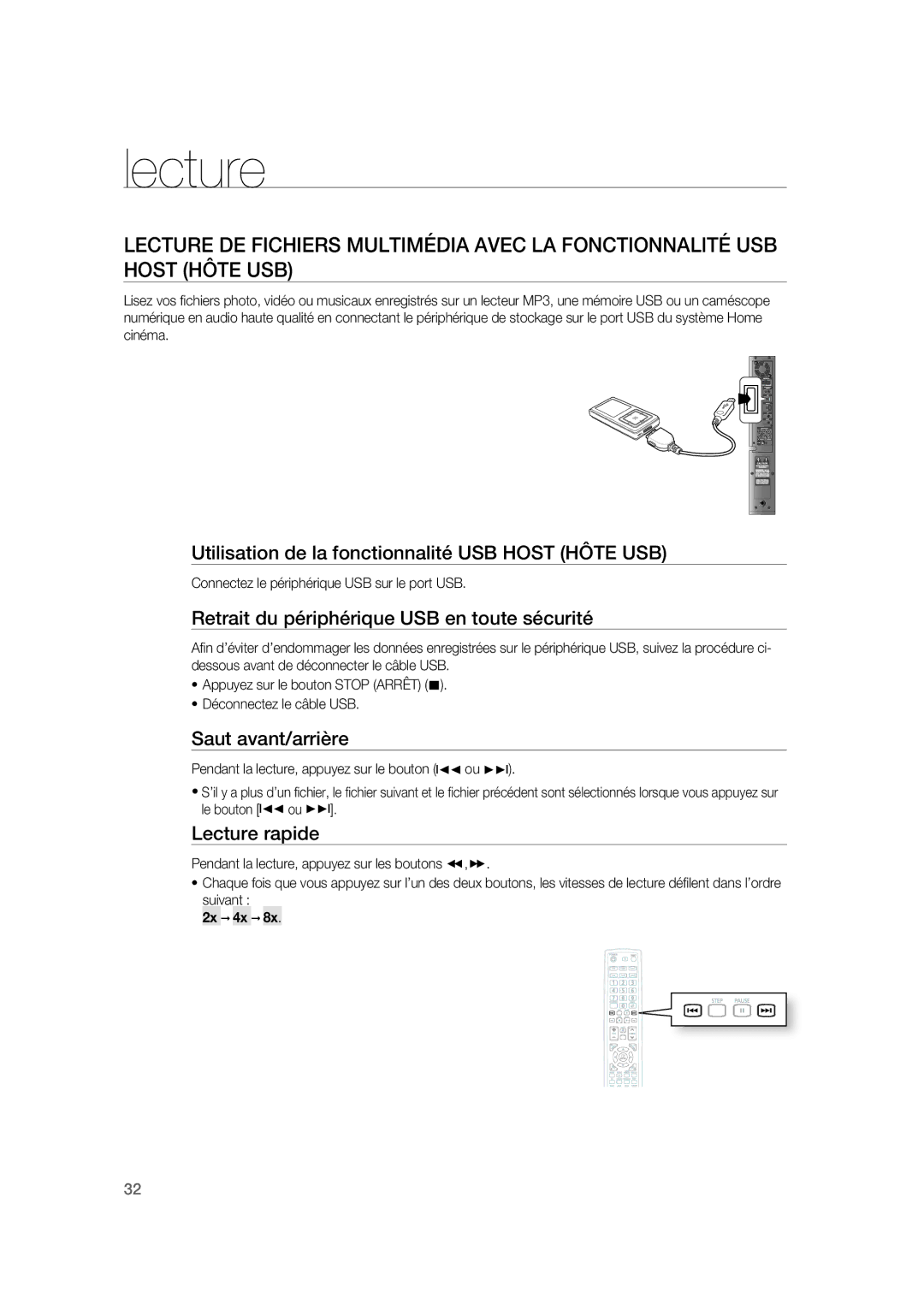 Samsung RTS-HE20T/XEF Utilisation de la fonctionnalité USB Host Hôte USB, Retrait du périphérique USB en toute sécurité 