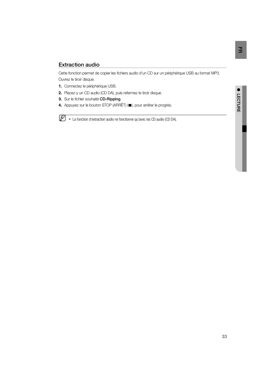 Samsung RTS-HE20T/XEF manual Extraction audio, Lecture 