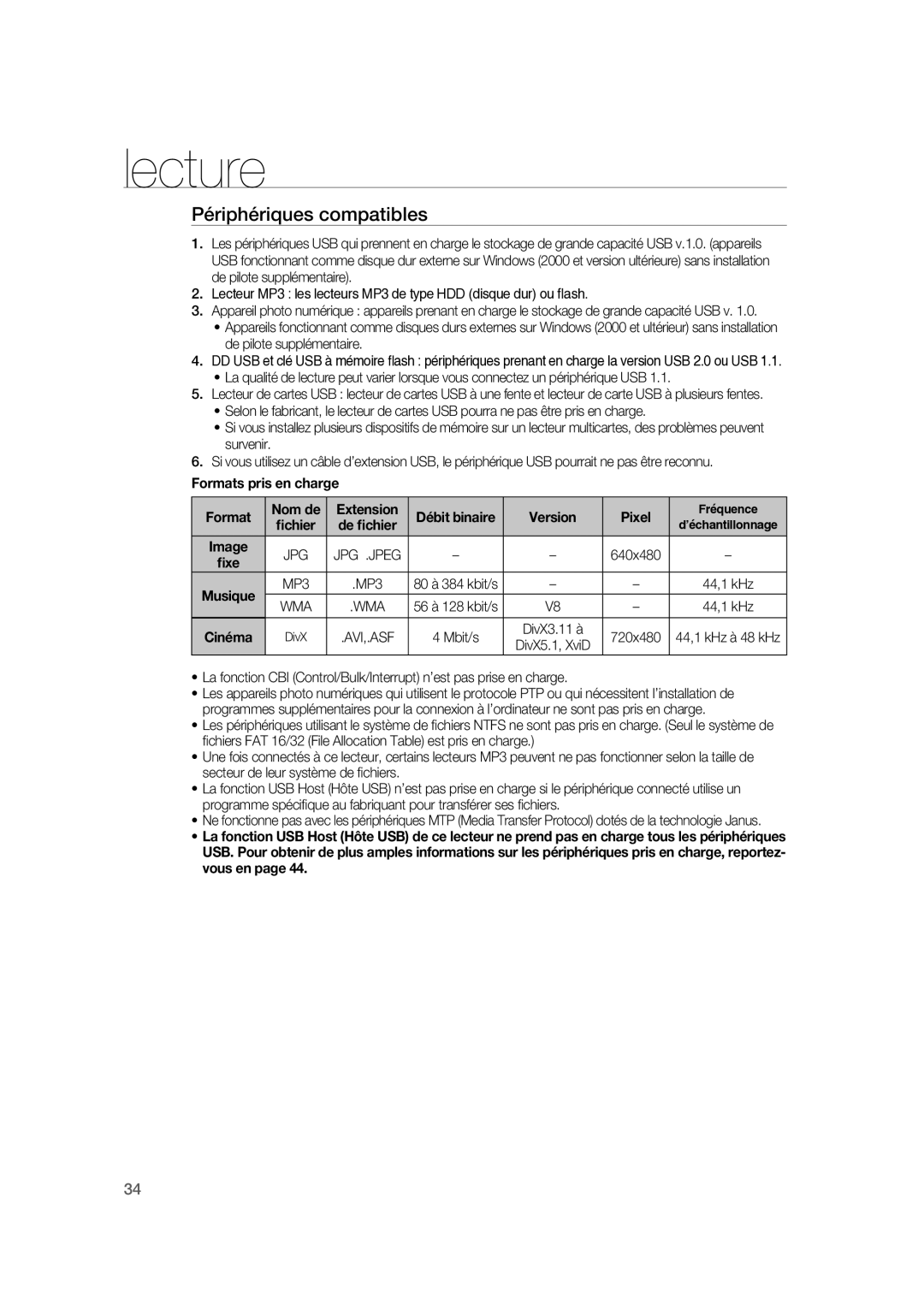 Samsung RTS-HE20T/XEF manual Périphériques compatibles, Formats pris en charge Nom de Extension, Version Pixel, DivX3.11 à 