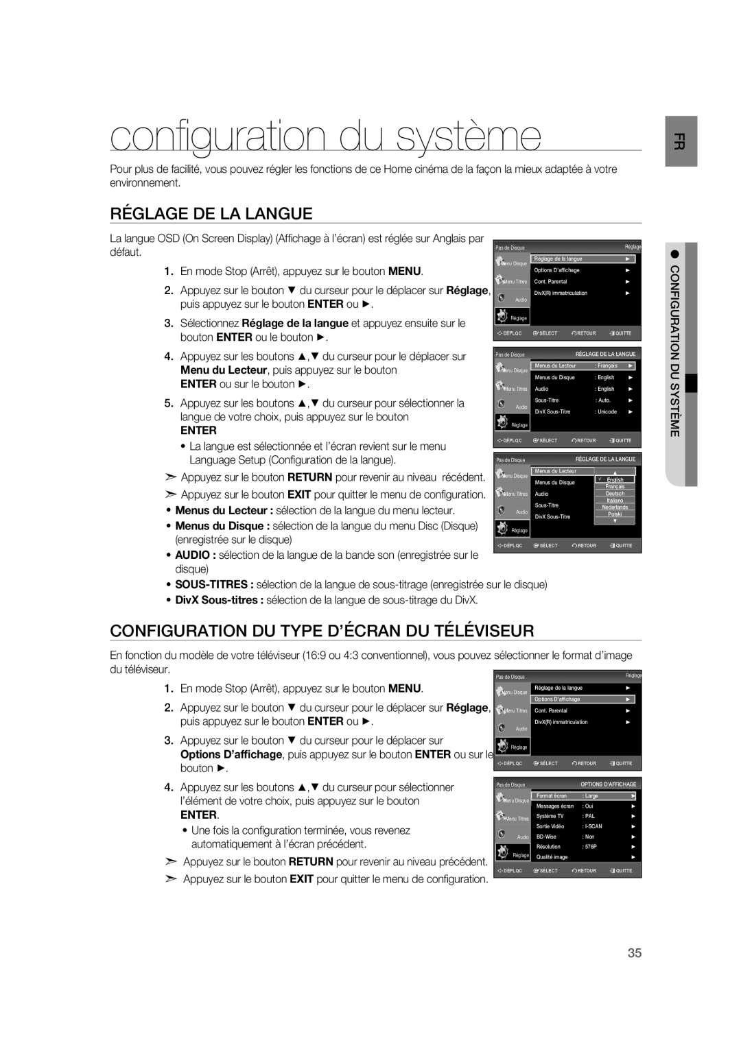 Samsung RTS-HE20T/XEF Conﬁ guration du système, Réglage DE LA Langue, Configuration DU Type D’ÉCRAN DU Téléviseur, Enter 