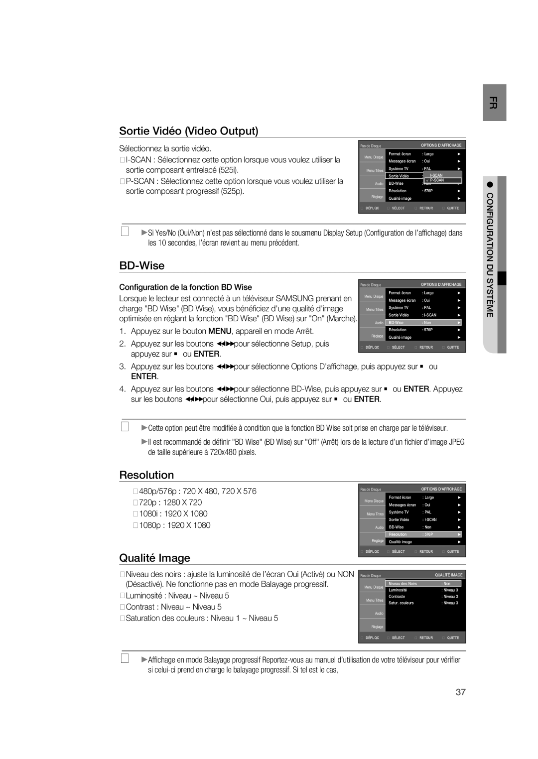 Samsung RTS-HE20T/XEF manual Sortie Vidéo Video Output, Qualité Image, Conﬁguration de la fonction BD Wise, Système, Enter 