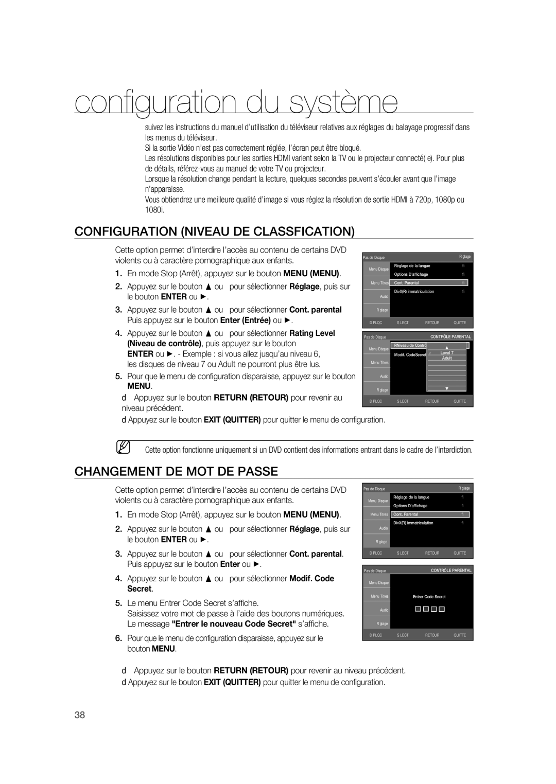 Samsung RTS-HE20T/XEF manual Configuration Niveau DE Classfication, Changement DE MOT DE Passe, Menu 