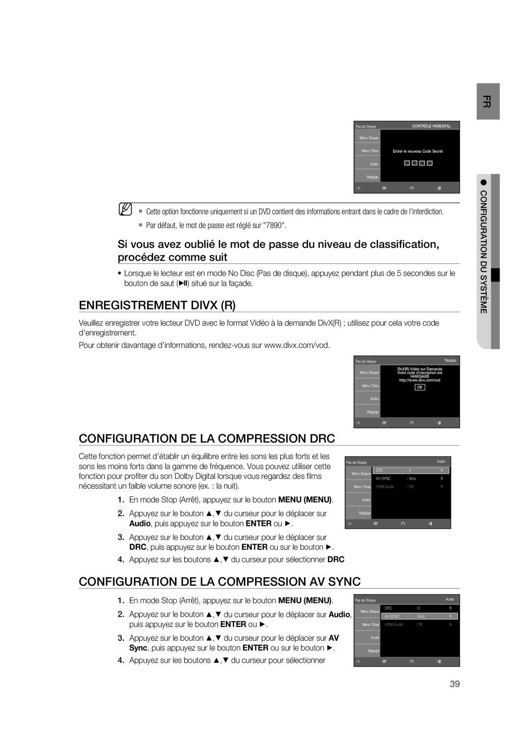 Samsung RTS-HE20T/XEF manual Enregistrement Divx R, Configuration DE LA Compression AV Sync 