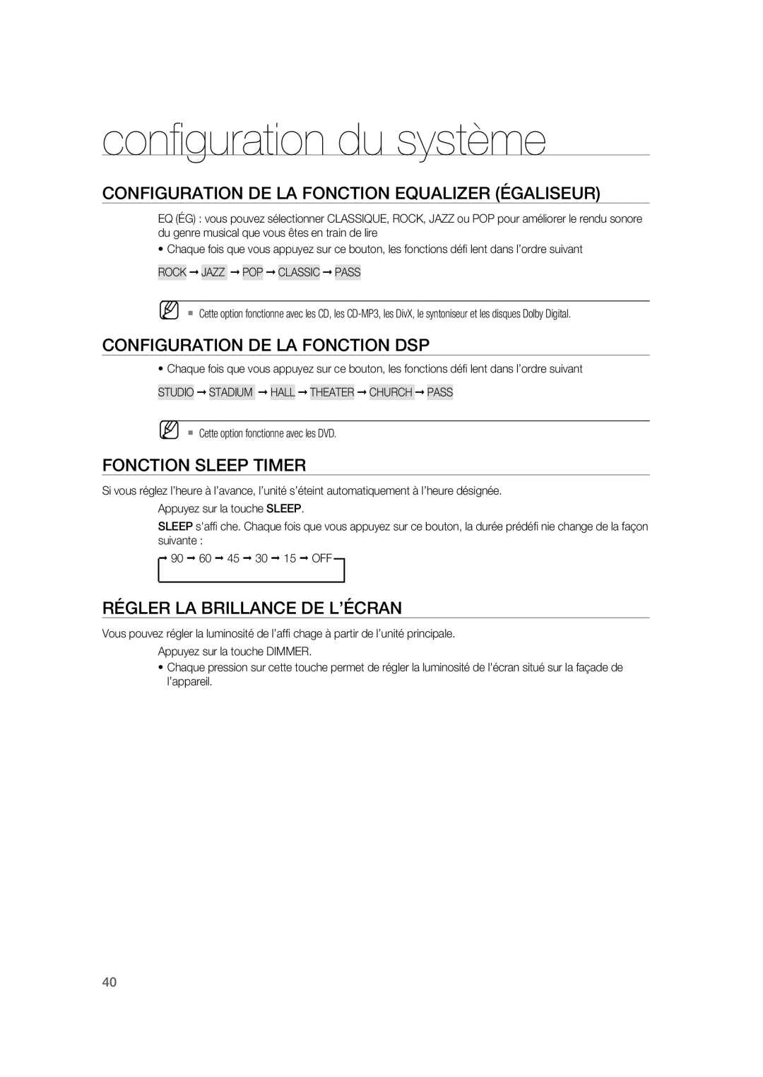 Samsung RTS-HE20T/XEF manual Configuration DE LA Fonction Equalizer Égaliseur, Configuration DE LA Fonction DSP 