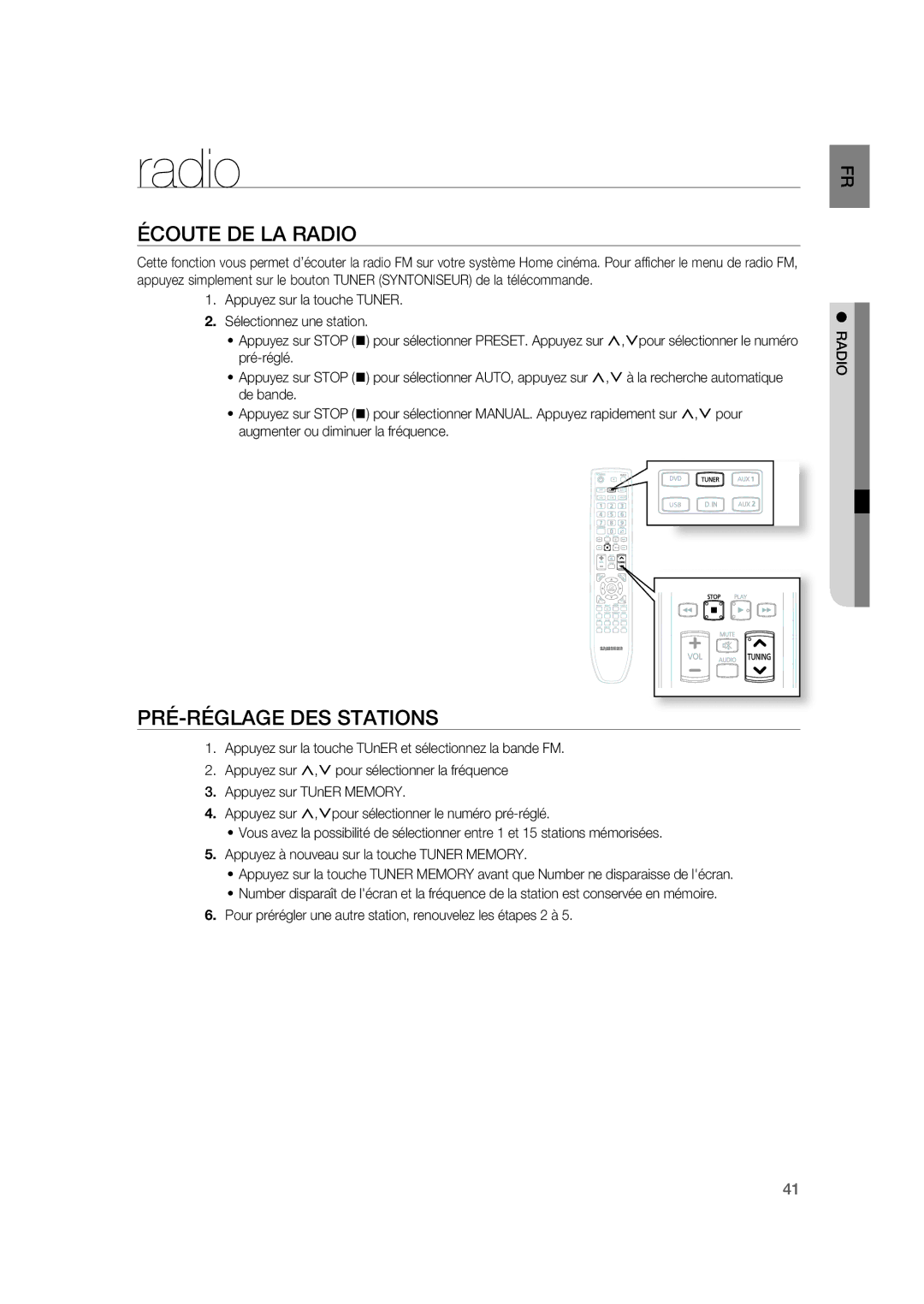 Samsung RTS-HE20T/XEF manual Écoute DE LA Radio, PRÉ-RÉGLAGE DES Stations 