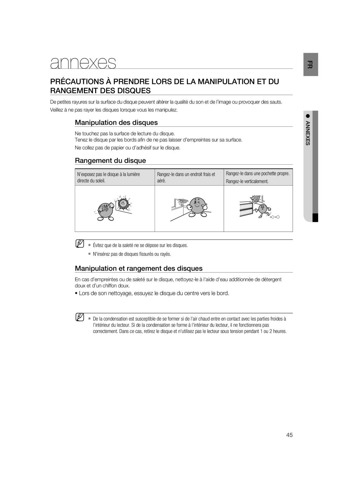 Samsung RTS-HE20T/XEF manual Annexes, Manipulation des disques, Rangement du disque, Manipulation et rangement des disques 