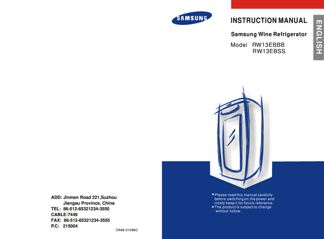 Samsung instruction manual RW13EBSS, Samsung Wine Refrigerator, Model RW13EBBB, English 