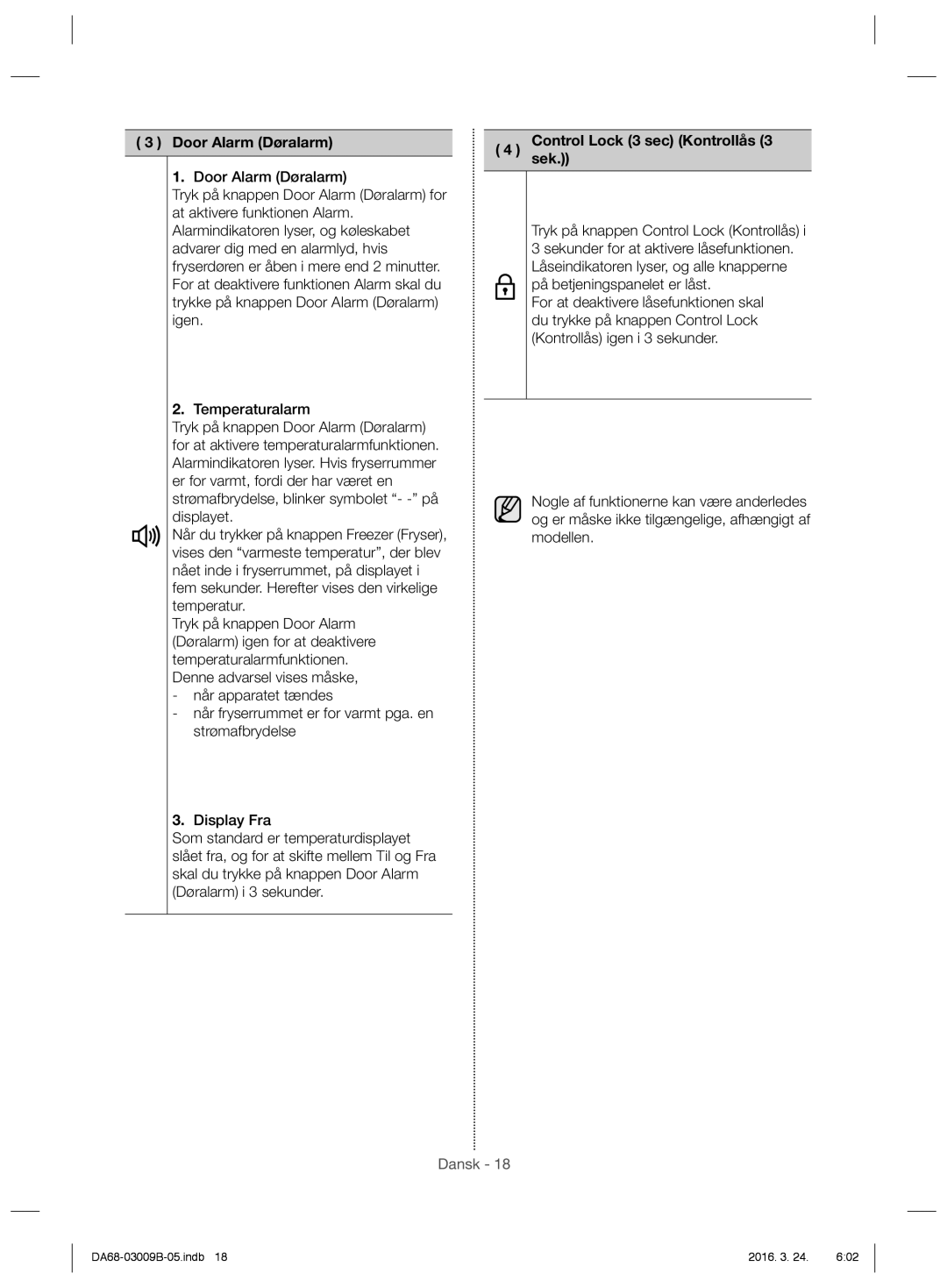 Samsung RZ27H6265BC/EE, RZ27H62007F/EE, RZ27H6300WW/EE manual Door Alarm Døralarm, Controlsek. Lock 3 sec Kontrollås 