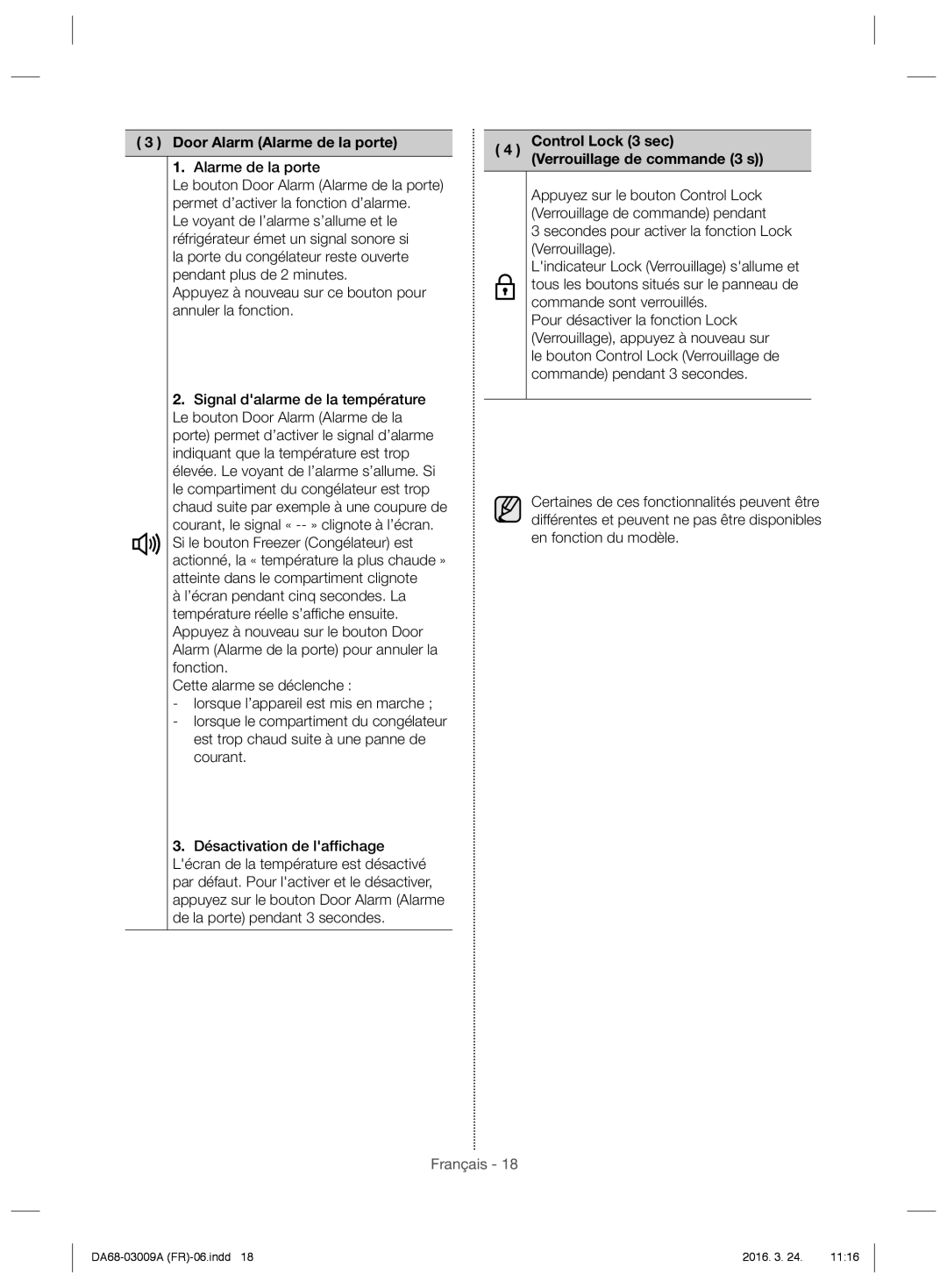Samsung RZ28H61657F/EF, RZ28H6000WW/EF manual Door Alarm Alarme de la porte, Control Lock 3 sec Verrouillage de commande 3 s 