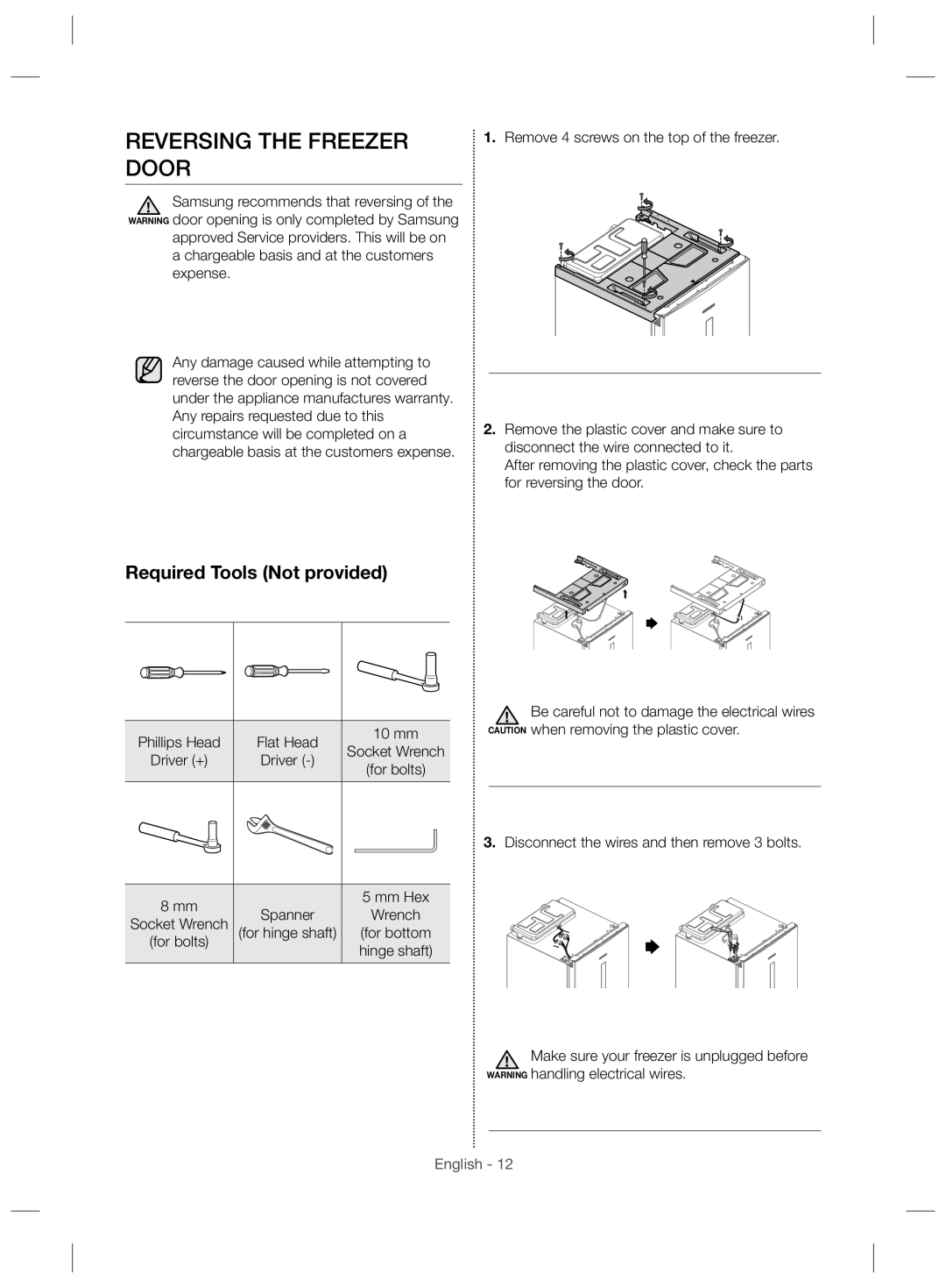 Samsung RZ28H6150WW/ZA, RZ28H61507F/LR, RZ28H61507F/ZA manual Reversing the Freezer Door, Required Tools Not provided 