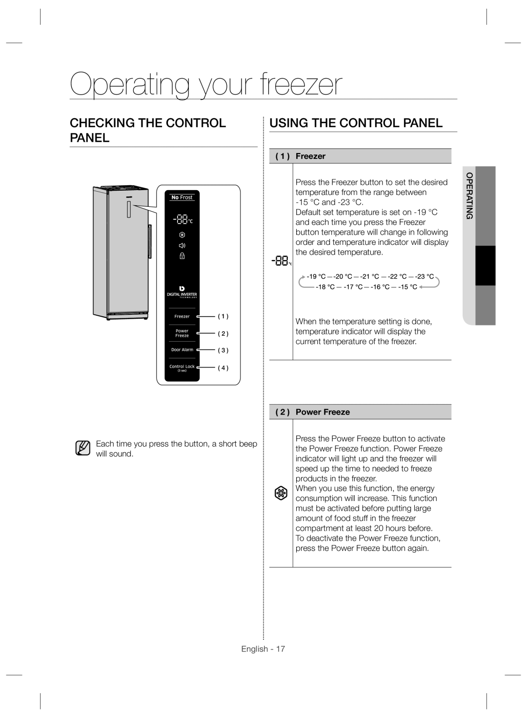 Samsung RZ28H6150WW/ZA manual Operating your freezer, Checking the Control Panel Using the Control Panel, Freezer, 23 C 