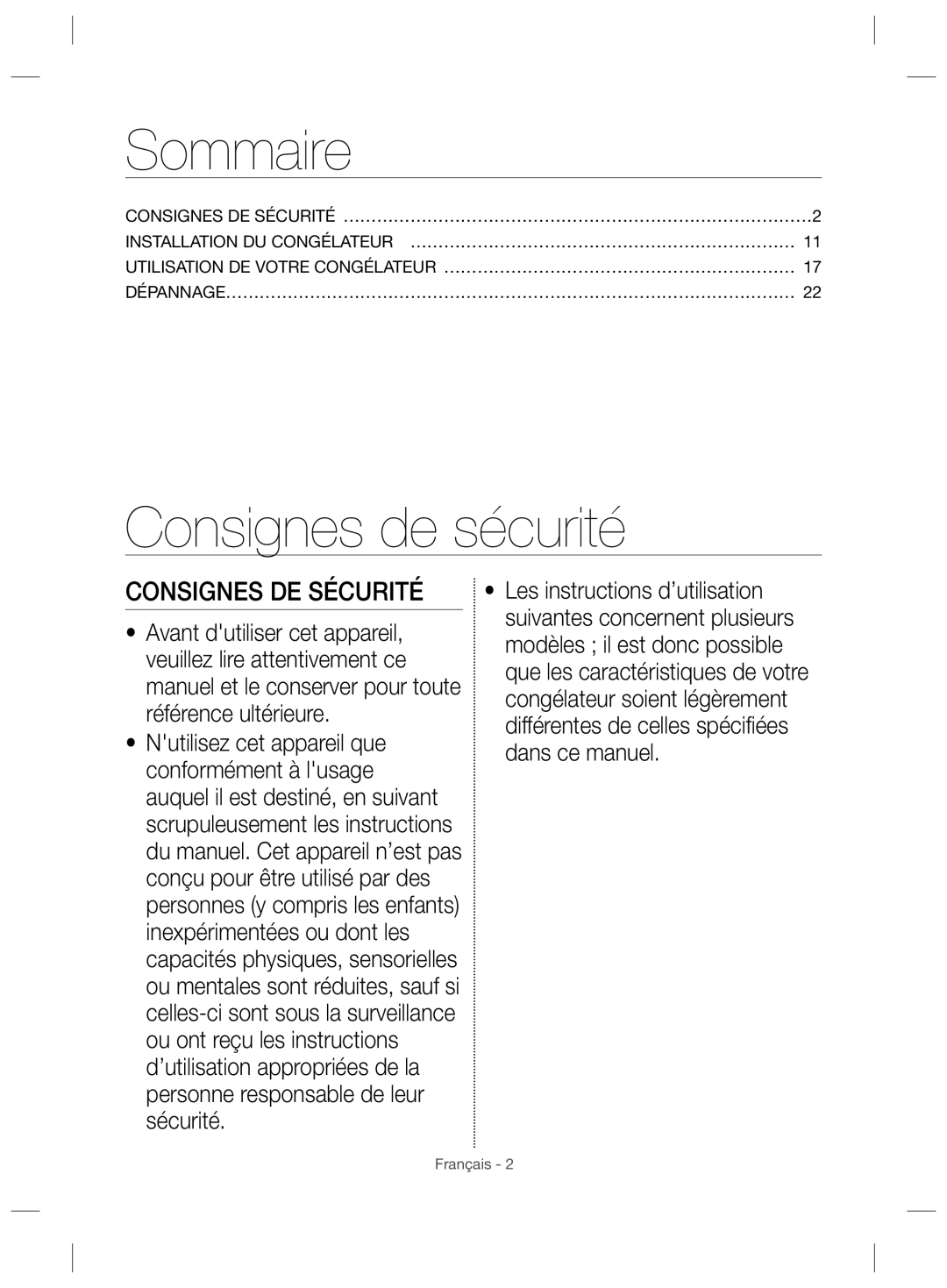 Samsung RZ28H61507F/ZA, RZ28H61507F/LR, RZ28H6150WW/ZA manual Sommaire, Consignes de sécurité, Consignes DE Sécurité 