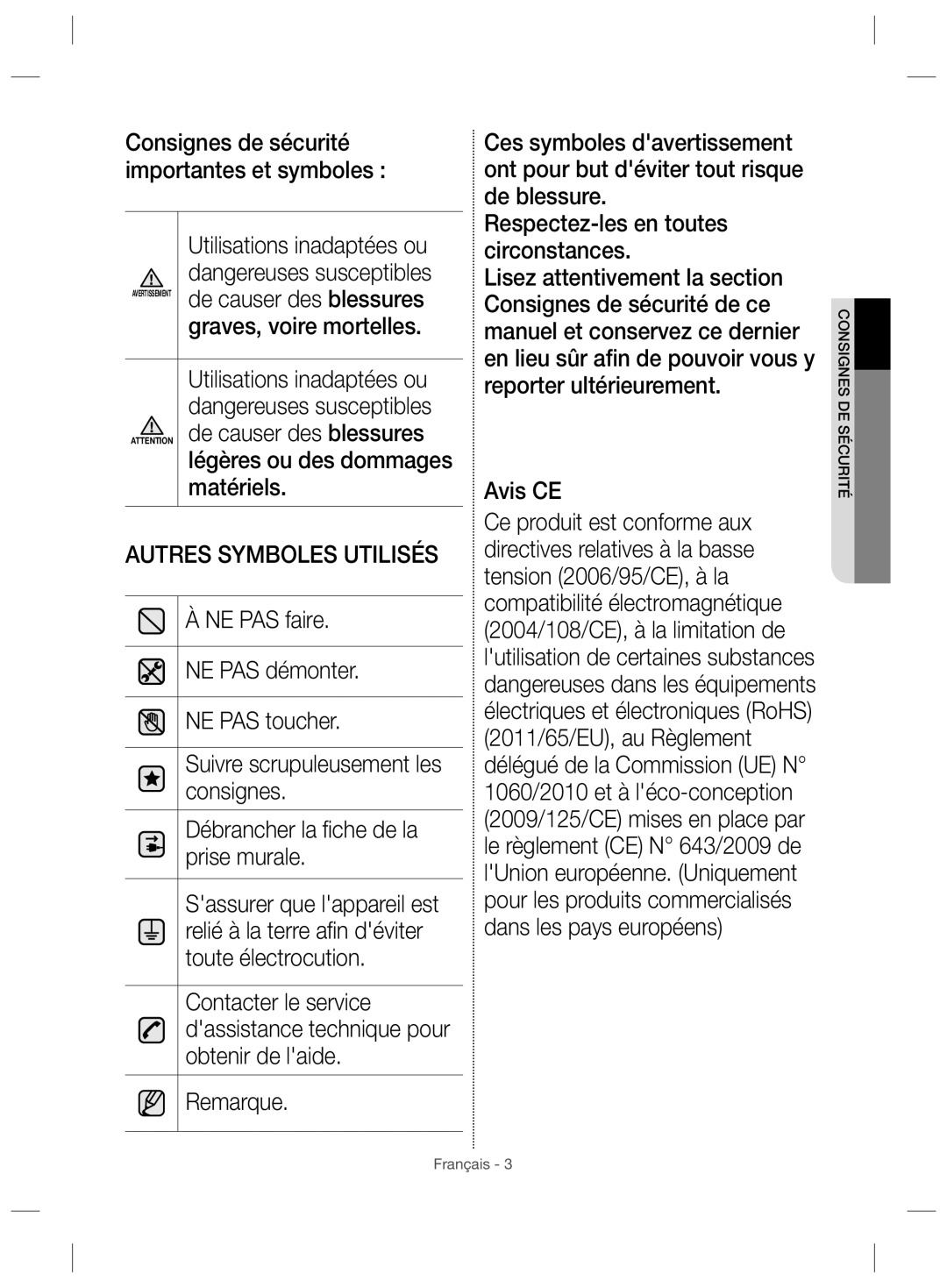 Samsung RZ28H6150WW/ZA manual De causer des blessures, Graves, voire mortelles, Légères ou des dommages, Matériels 