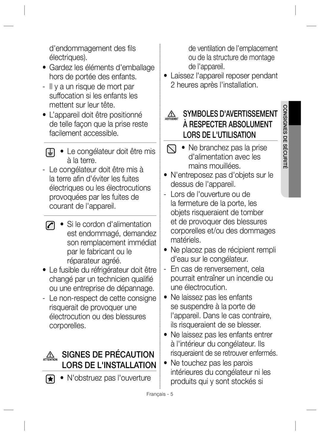 Samsung RZ28H6150SP/MR, RZ28H61507F/LR manual Dendommagement des fils électriques, Le congélateur doit être mis La terre 