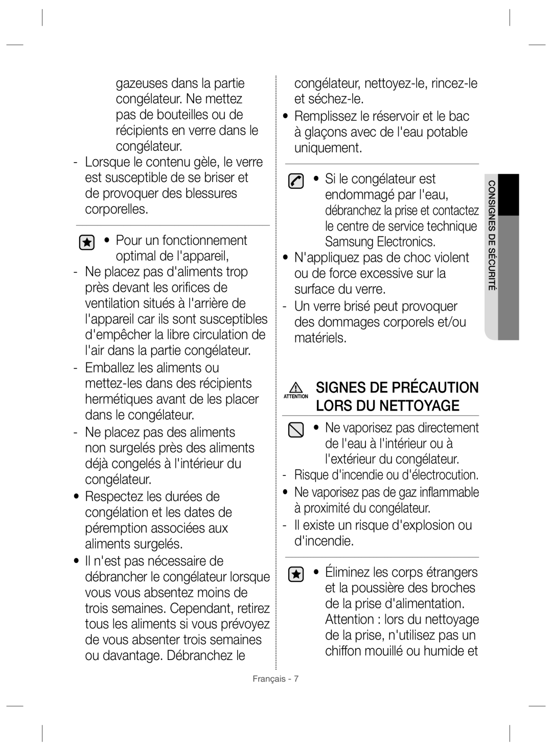 Samsung RZ28H61507F/ZA, RZ28H61507F/LR, RZ28H6150WW/ZA manual Lors DU Nettoyage, Il existe un risque dexplosion ou dincendie 