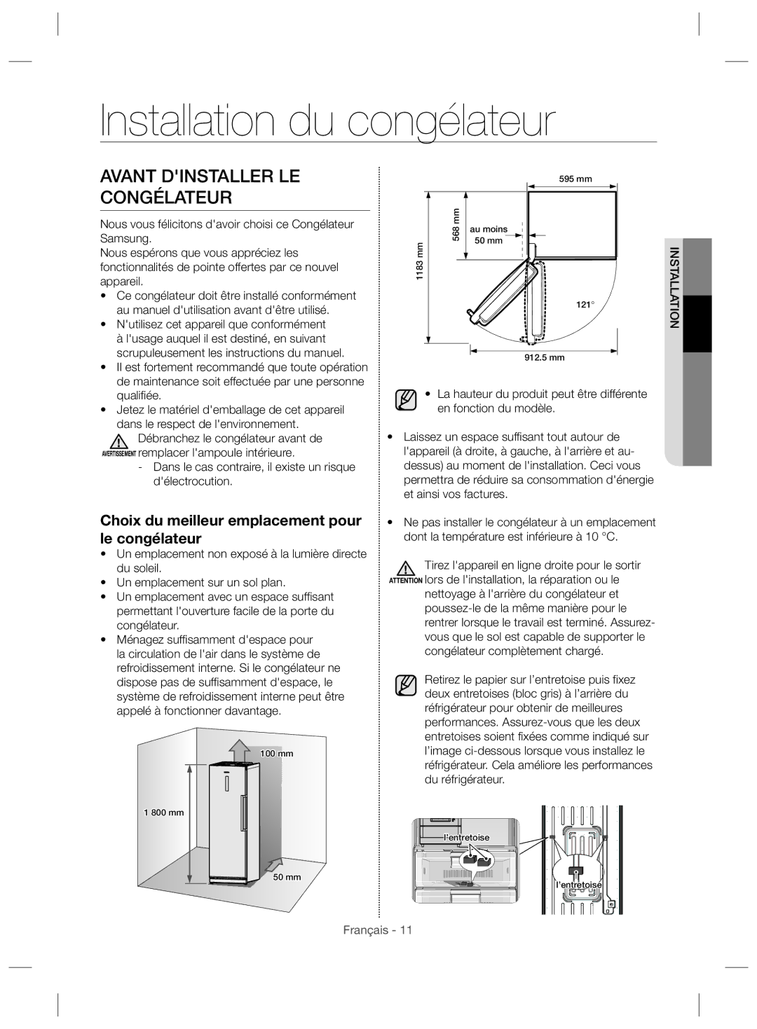 Samsung RZ28H61507F/LR, RZ28H61507F/ZA, RZ28H6150WW/ZA manual Installation du congélateur, Avant Dinstaller LE Congélateur 