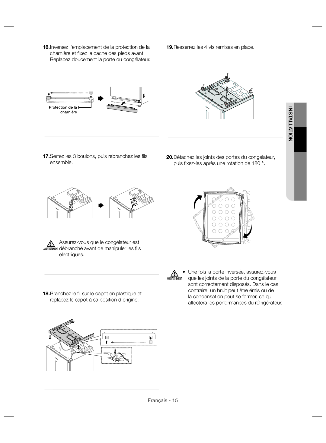 Samsung RZ28H6150SP/MR manual Serrez les 3 boulons, puis rebranchez les ﬁ ls ensemble, Resserrez les 4 vis remises en place 