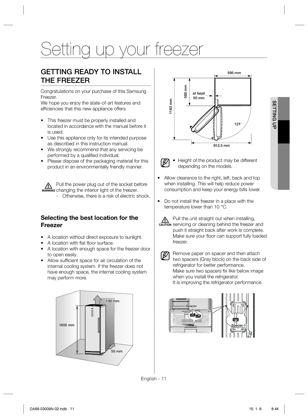 Samsung RZ28H6150SP/ML manual Setting up your freezer, Getting Ready to Install the Freezer 