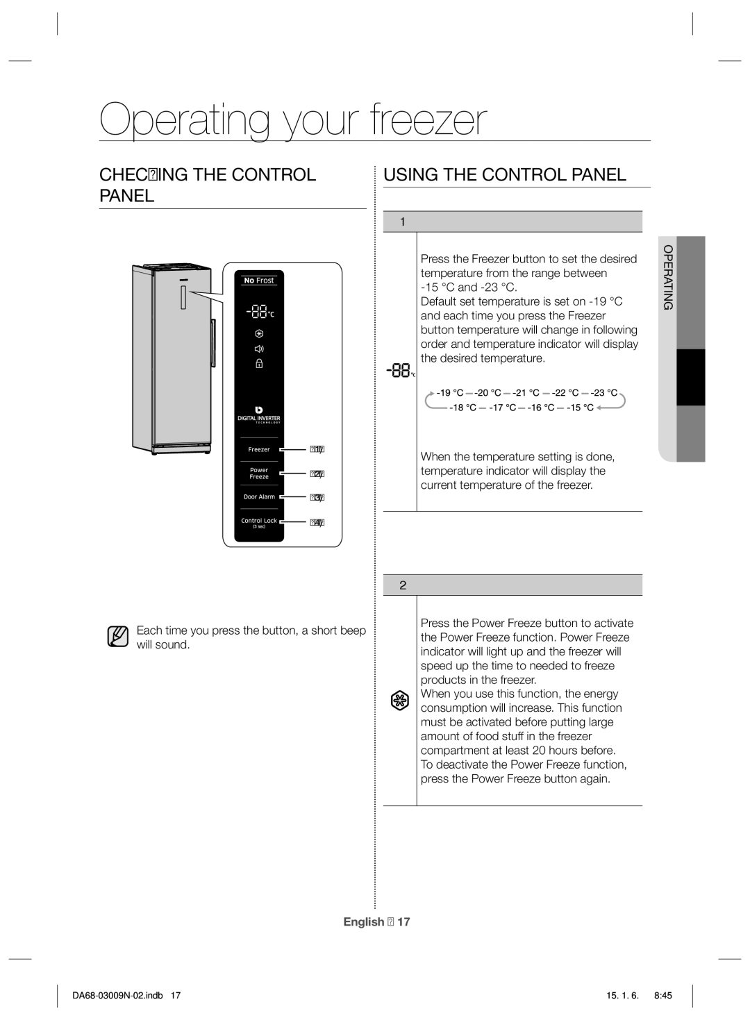 Samsung RZ28H6150SP/ML manual Operating your freezer, Checking the Control Panel Using the Control Panel, Freezer, 23 C 