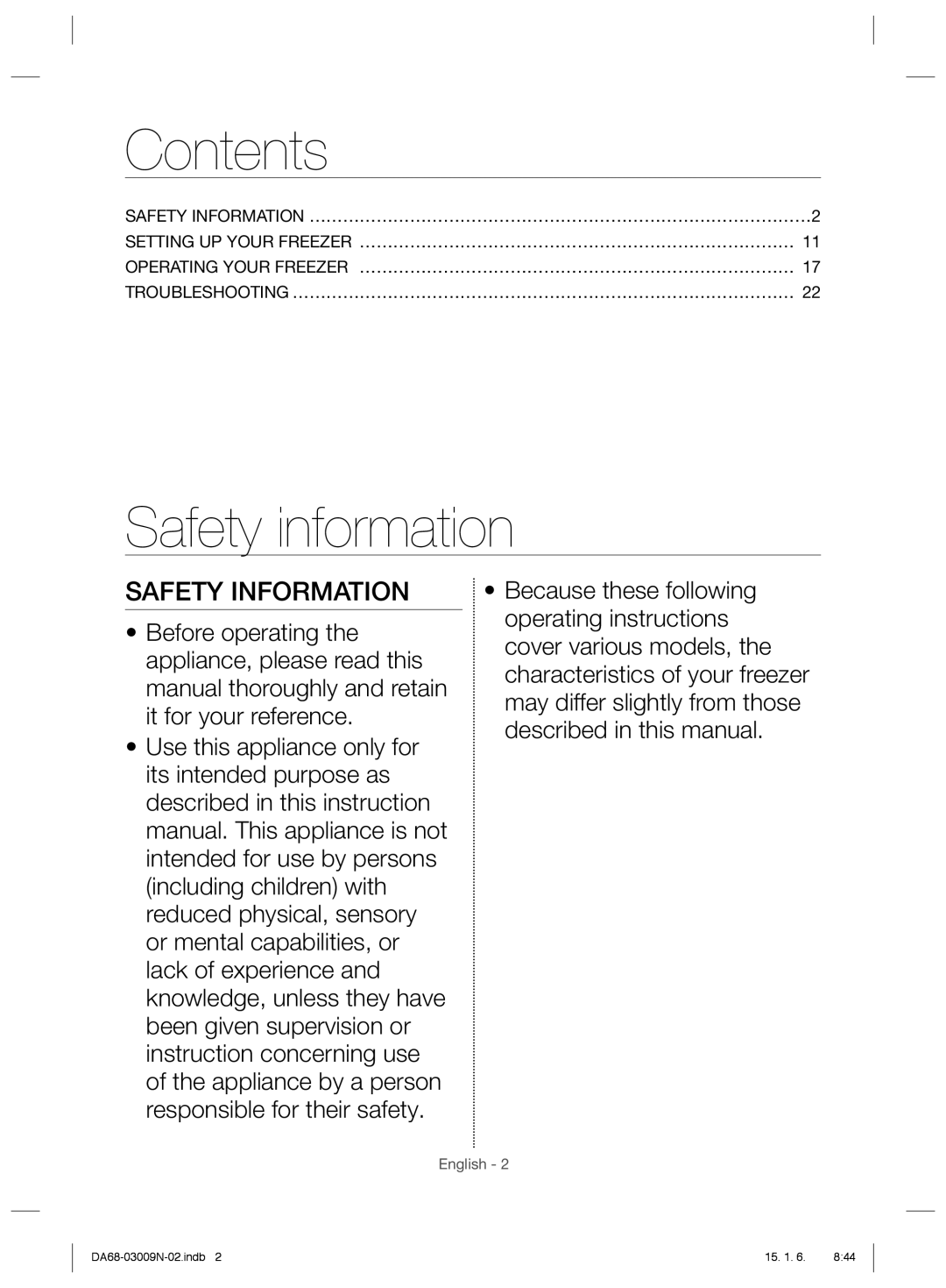 Samsung RZ28H6150SP/ML manual Contents, Safety information 