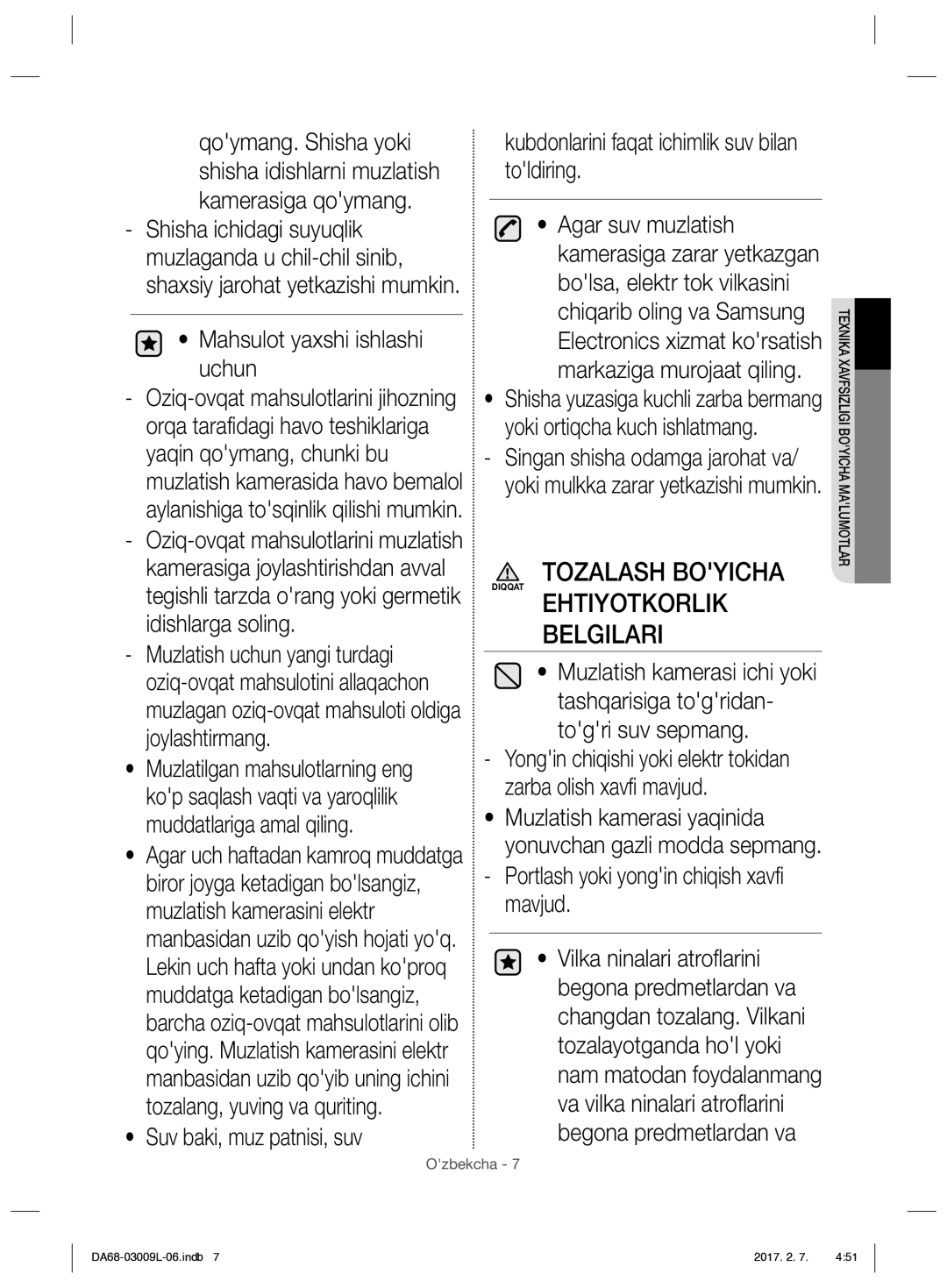 Samsung RZ28H61607F/WT, RZ28H6160SS/WT manual Tozalash Boyicha, Ehtiyotkorlik Belgilari, Mahsulot yaxshi ishlashi uchun 