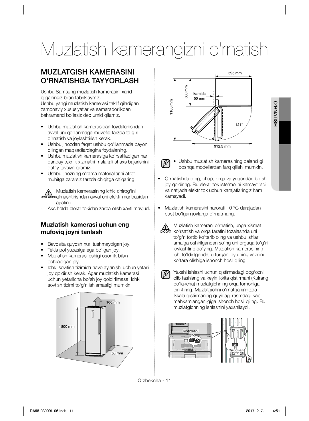 Samsung RZ28H61607F/WT, RZ28H6160SS/WT manual Muzlatish kamerangizni ornatish, Muzlatgish Kamerasini Ornatishga Tayyorlash 