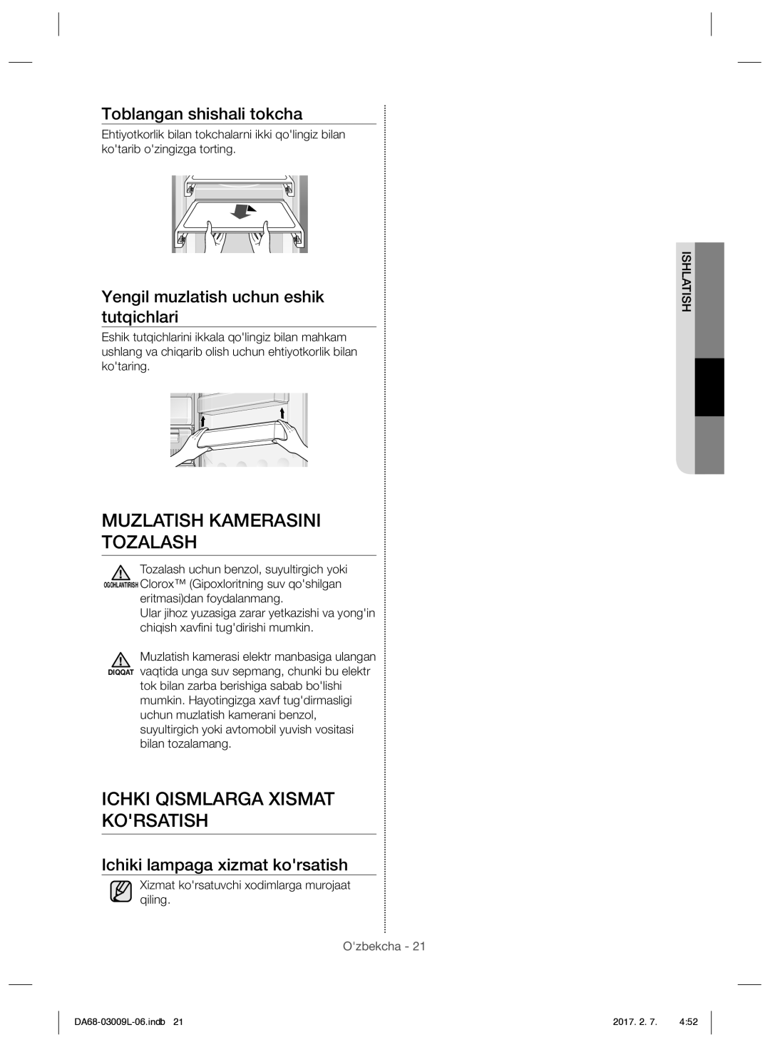 Samsung RZ28H61607F/WT, RZ28H6160SS/WT manual Muzlatish Kamerasini Tozalash, Ichki Qismlarga Xismat Korsatish 