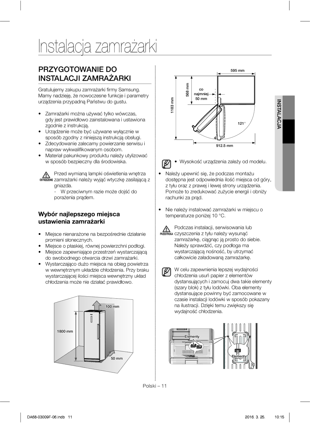 Samsung RZ28H6050SS/EO, RZ28H6165SS/EO, RZ28H6165SS/WS manual Instalacja zamrażarki, Przygotowanie do Instalacji Zamrażarki 