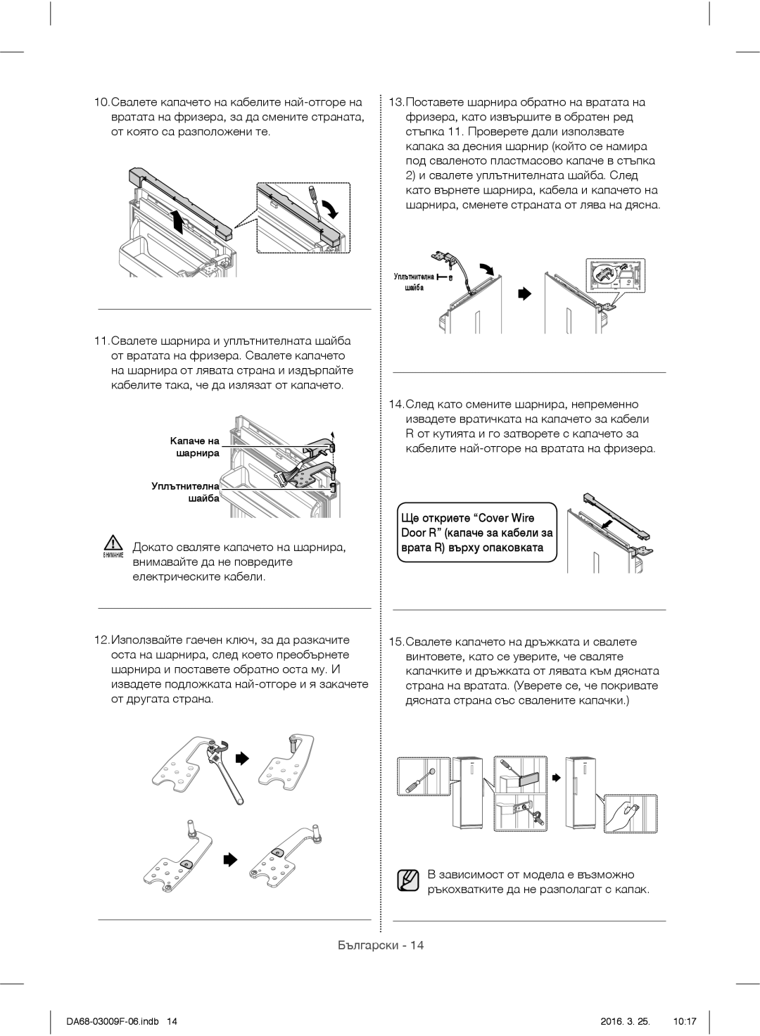 Samsung RZ28H6150SS/EO, RZ28H6165SS/EO, RZ28H6165SS/WS, RZ28H6050SS/EO manual Като върнете шарнира, кабела и капачето на 