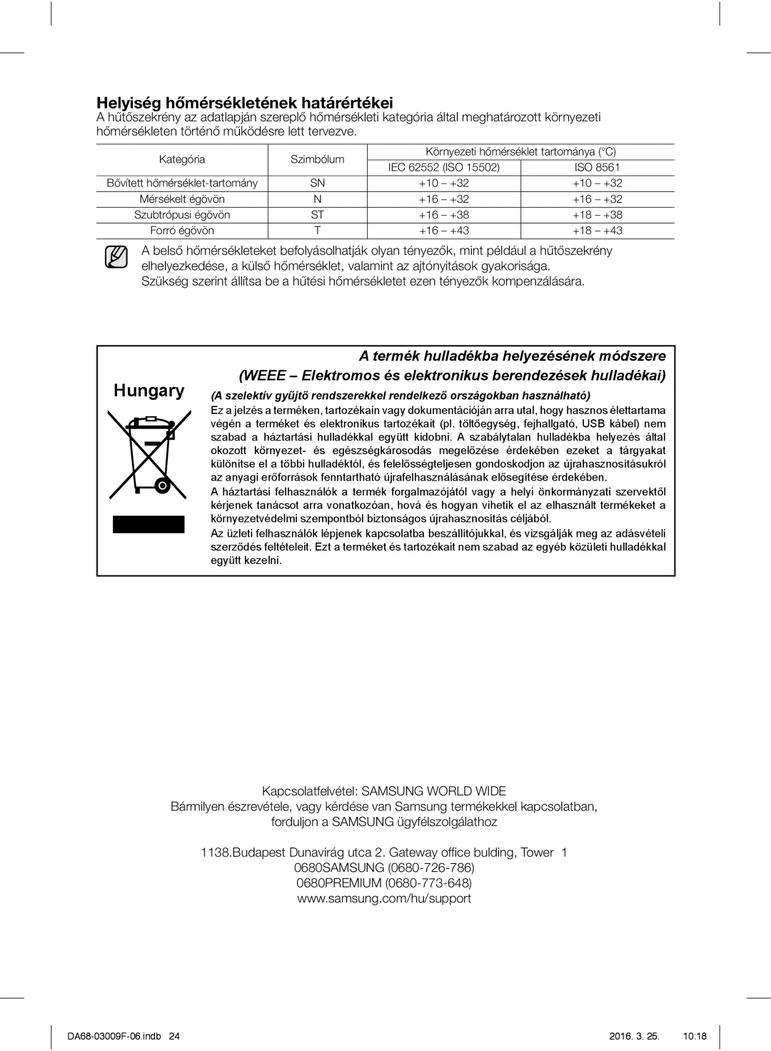 Samsung RZ28H6165SS/EO, RZ28H6165SS/WS, RZ28H6150SS/EO, RZ28H6050SS/EO manual Helyiség hőmérsékletének határértékei 