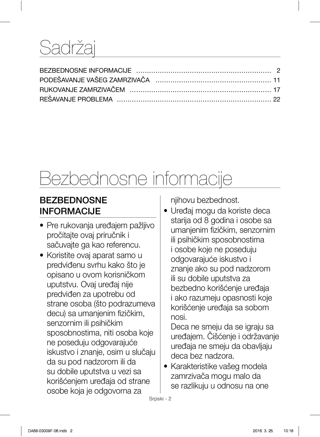 Samsung RZ28H6150SS/EO, RZ28H6165SS/EO manual Sadržaj, Bezbednosne informacije, Bezbednosne Informacije, Njihovu bezbednost 