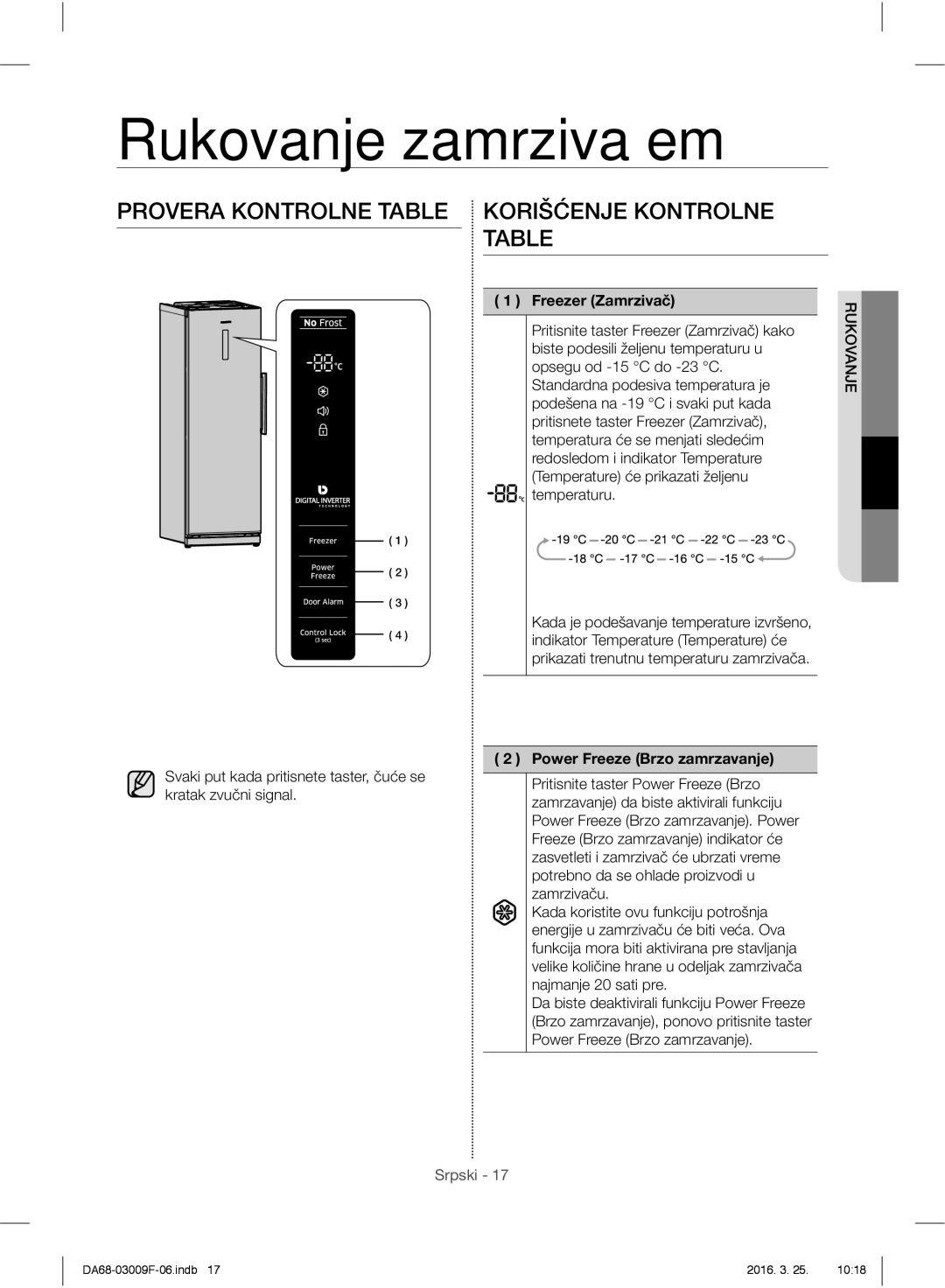 Samsung RZ28H6165SS/WS manual Rukovanje zamrzivačem, Provera Kontrolne Table Korišćenje Kontrolne Table, Freezer Zamrzivač 