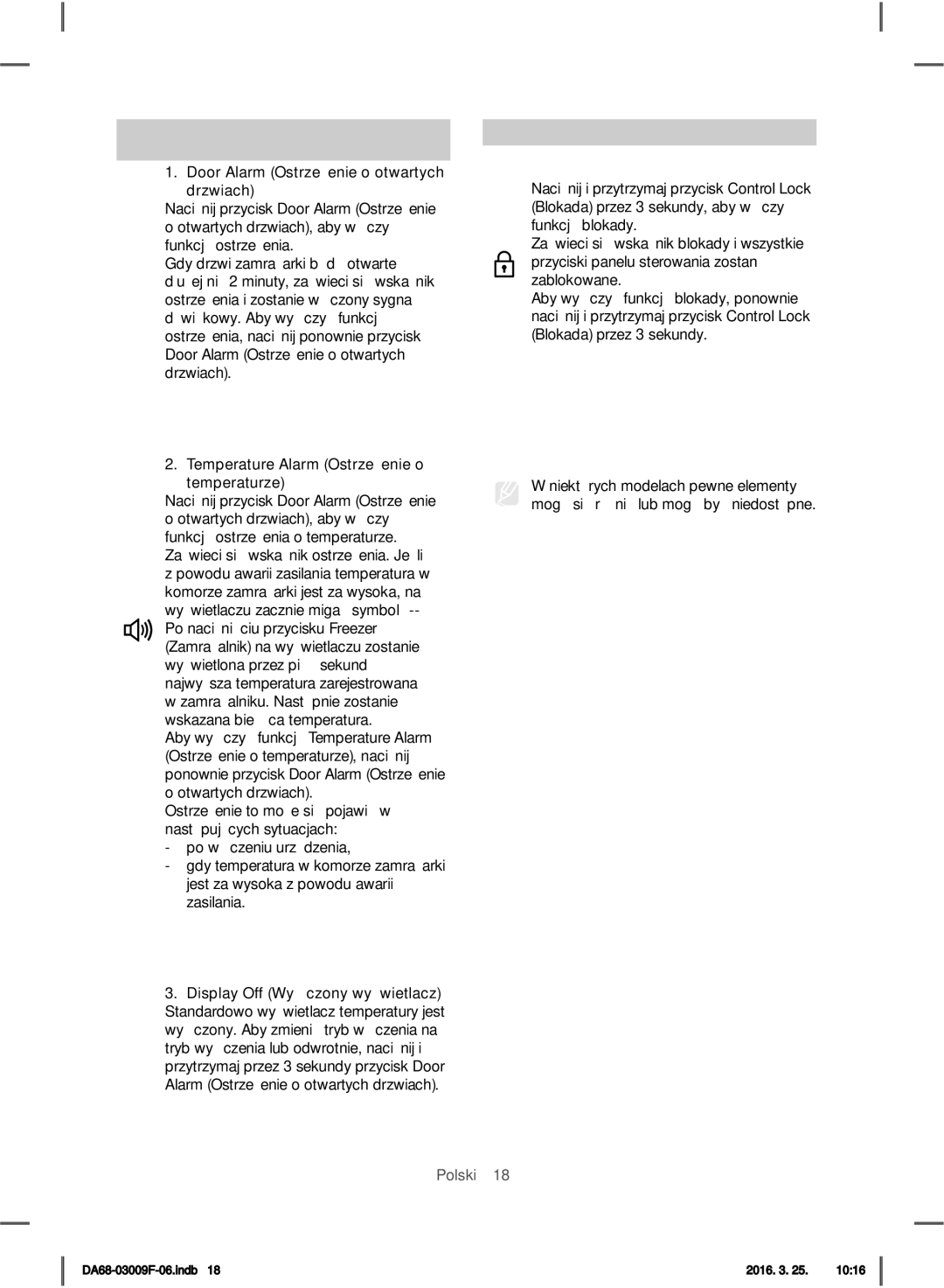 Samsung RZ28H6150SS/EO, RZ28H6165SS/EO manual Door Alarm Ostrzeżenie o otwartych drzwiach, Control Lock Blokada 3 s 