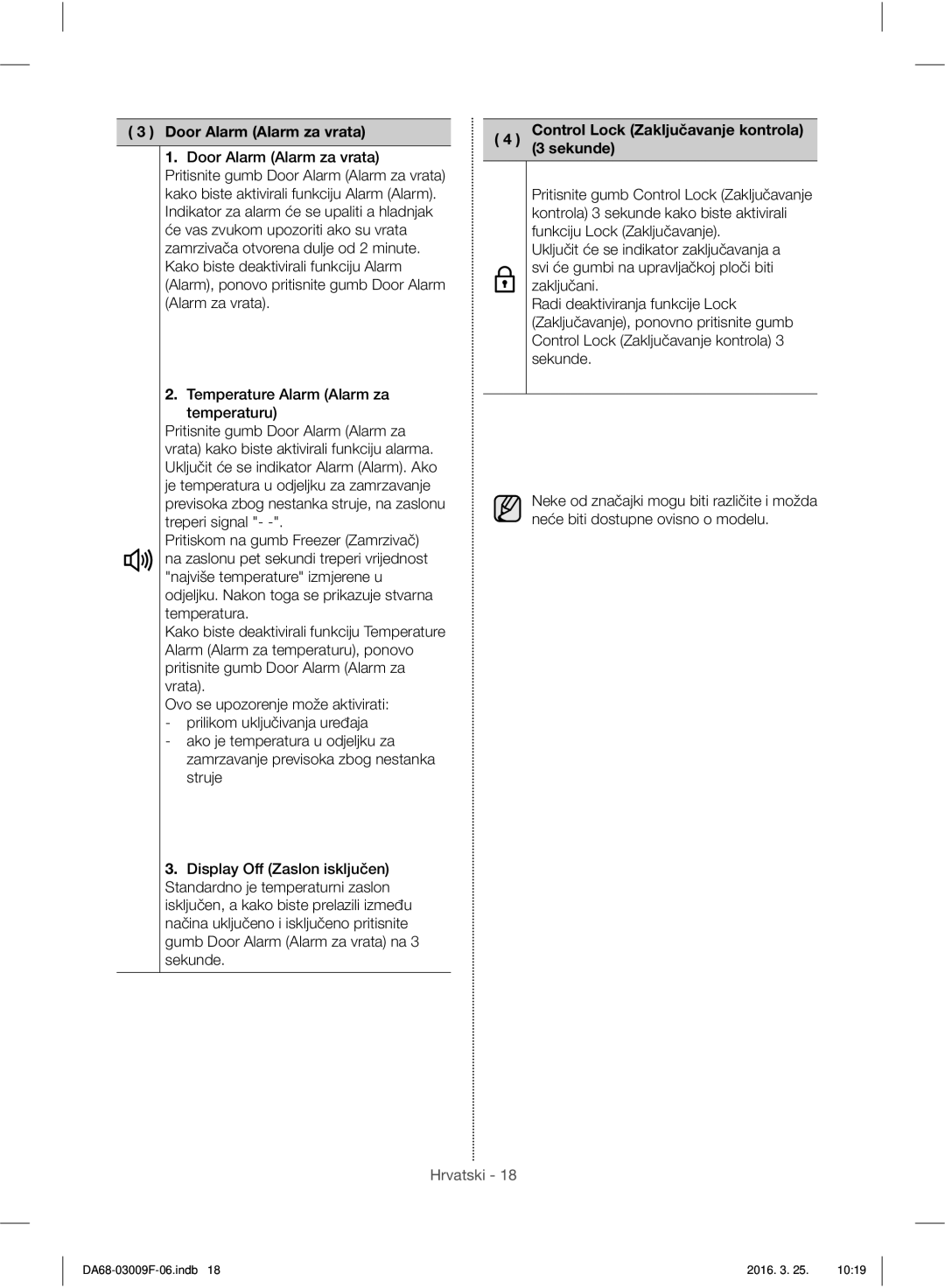 Samsung RZ28H6150SS/EO, RZ28H6165SS/EO manual Door Alarm Alarm za vrata, Control Lock Zaključavanje kontrola 3 sekunde 