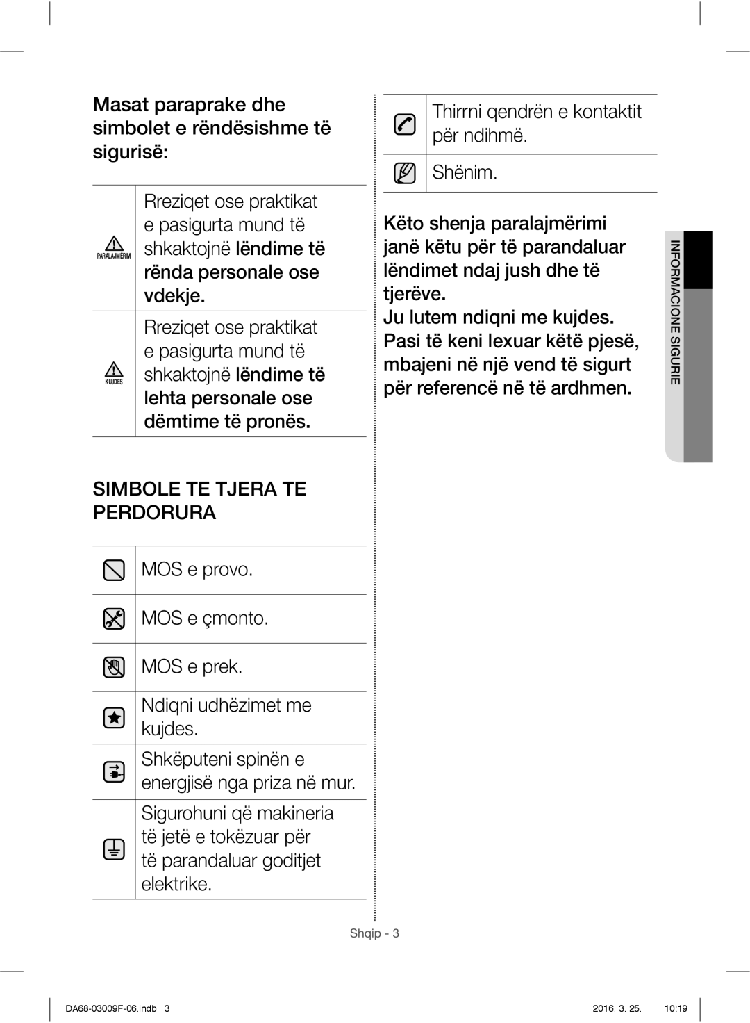 Samsung RZ28H6050SS/EO, RZ28H6165SS/EO, RZ28H6165SS/WS, RZ28H6150SS/EO manual Simbole TE Tjera TE Perdorura 