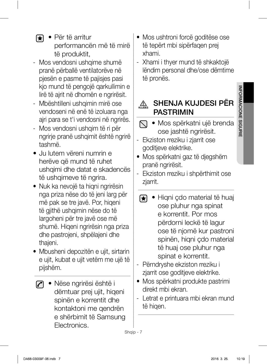 Samsung RZ28H6050SS/EO, RZ28H6165SS/EO, RZ28H6165SS/WS manual Pastrimin, Për të arritur performancën më të mirë të produktit 