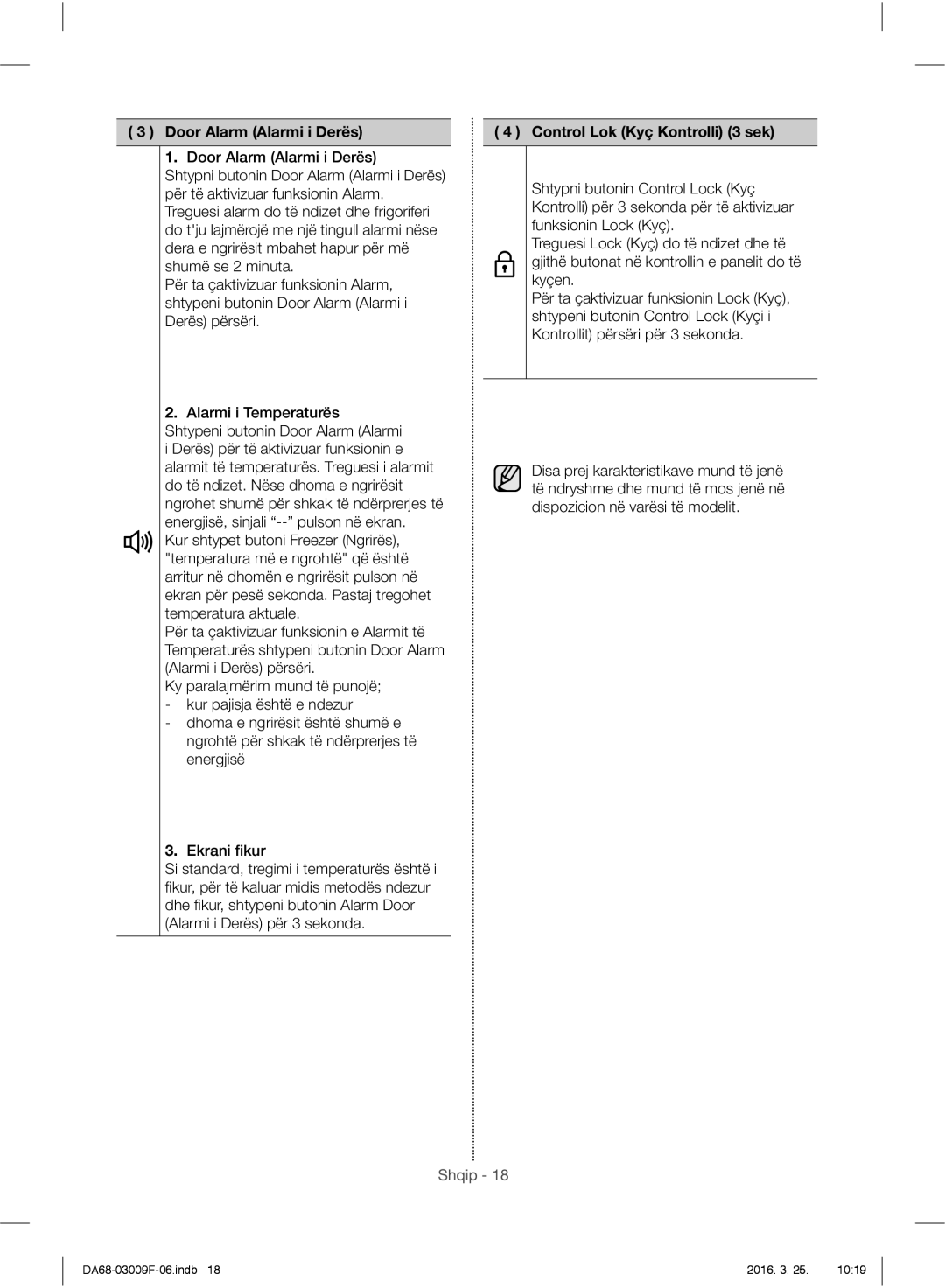 Samsung RZ28H6150SS/EO, RZ28H6165SS/EO, RZ28H6165SS/WS manual Door Alarm Alarmi i Derës, Control Lok Kyç Kontrolli 3 sek 