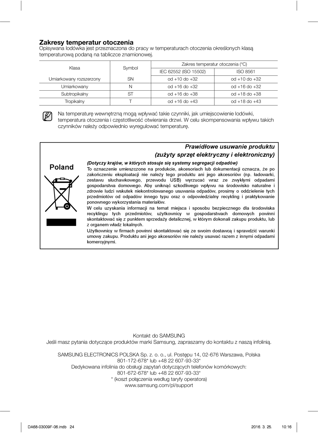 Samsung RZ28H6165SS/EO, RZ28H6165SS/WS, RZ28H6150SS/EO, RZ28H6050SS/EO manual Poland, Zakresy temperatur otoczenia 