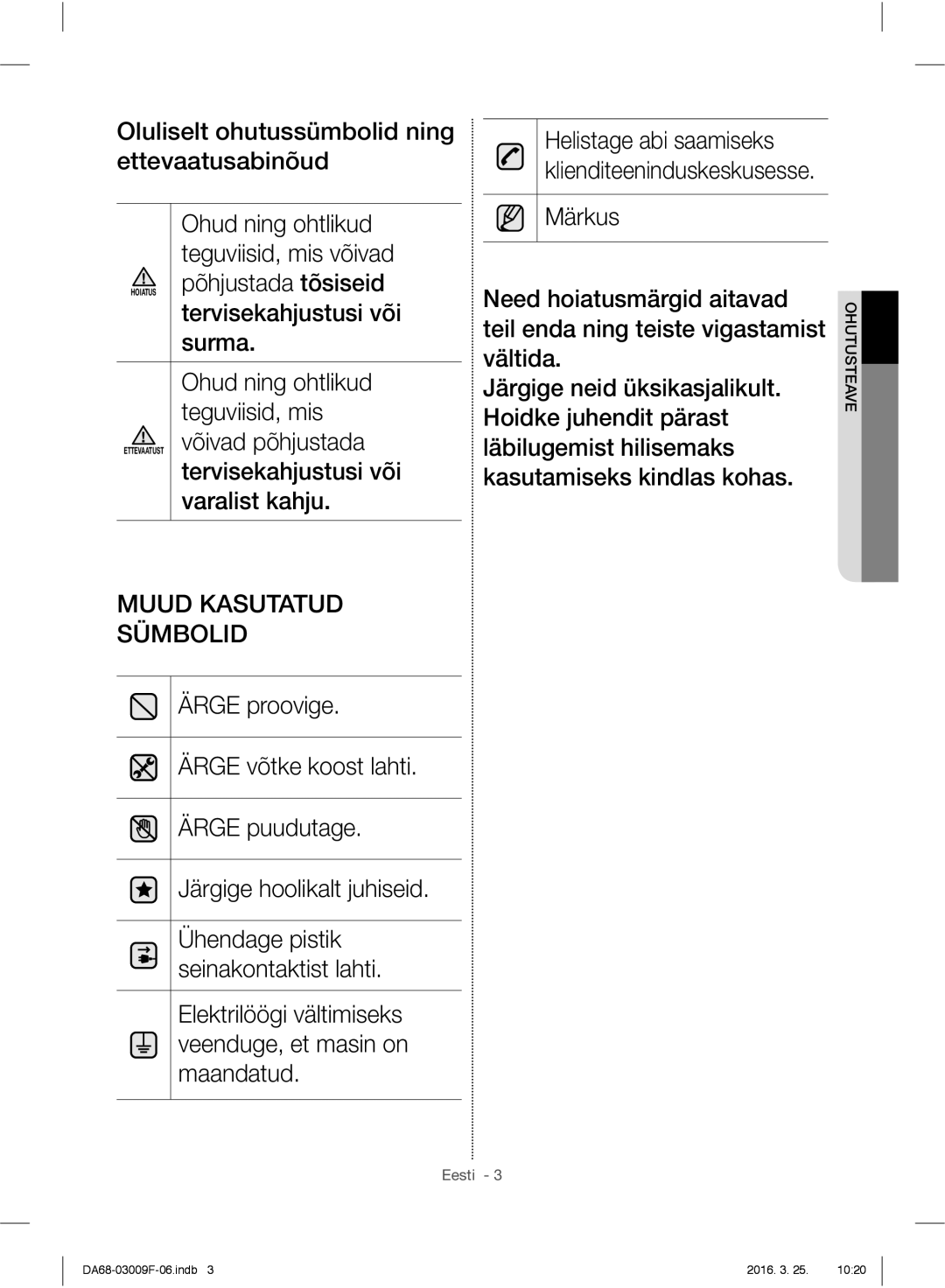 Samsung RZ28H6050SS/EO, RZ28H6165SS/EO, RZ28H6165SS/WS, RZ28H6150SS/EO manual Muud Kasutatud Sümbolid 