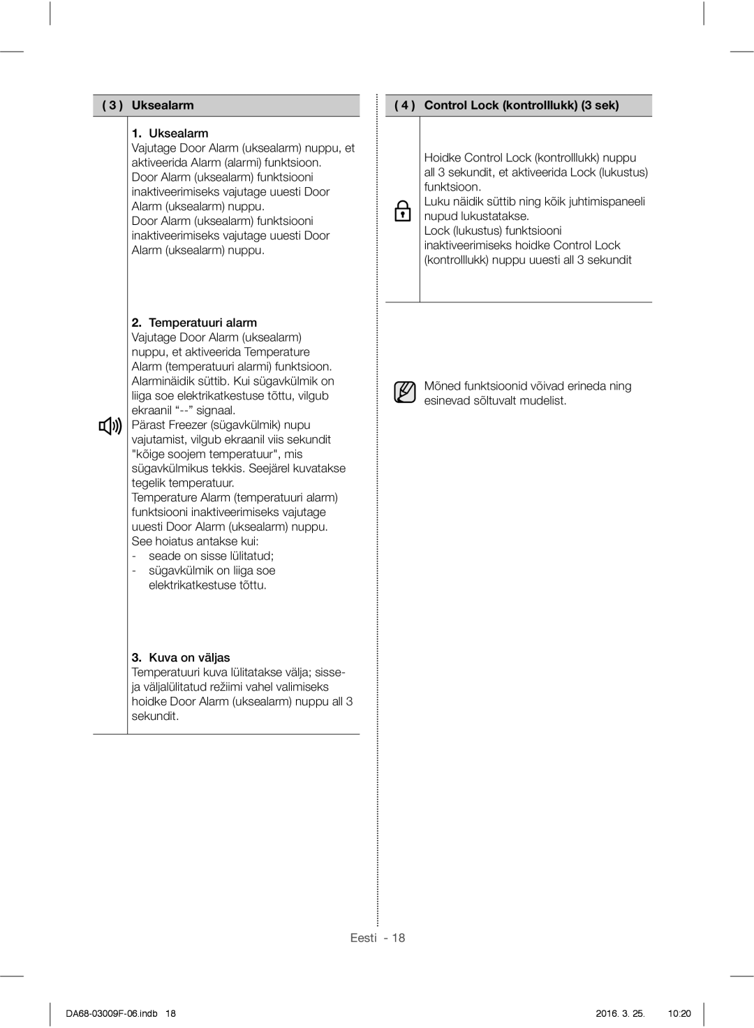 Samsung RZ28H6150SS/EO, RZ28H6165SS/EO, RZ28H6165SS/WS, RZ28H6050SS/EO manual Uksealarm, Control Lock kontrolllukk 3 sek 