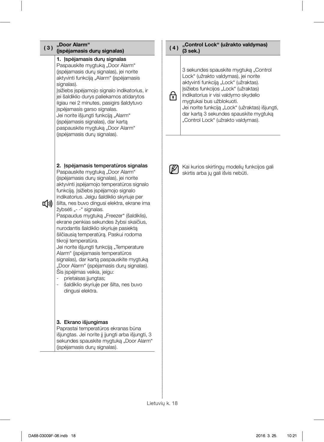 Samsung RZ28H6150SS/EO, RZ28H6165SS/EO manual „Door Alarm įspėjamasis durų signalas, „Control Lock užrakto valdymas 3 sek 