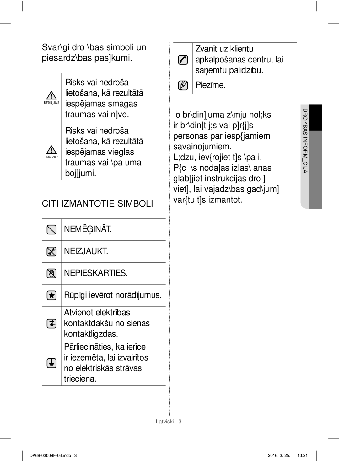 Samsung RZ28H6050SS/EO Svarīgi drošības simboli un piesardzības pasākumi, Brīdinājums iespējamas smagas Traumas vai nāve 