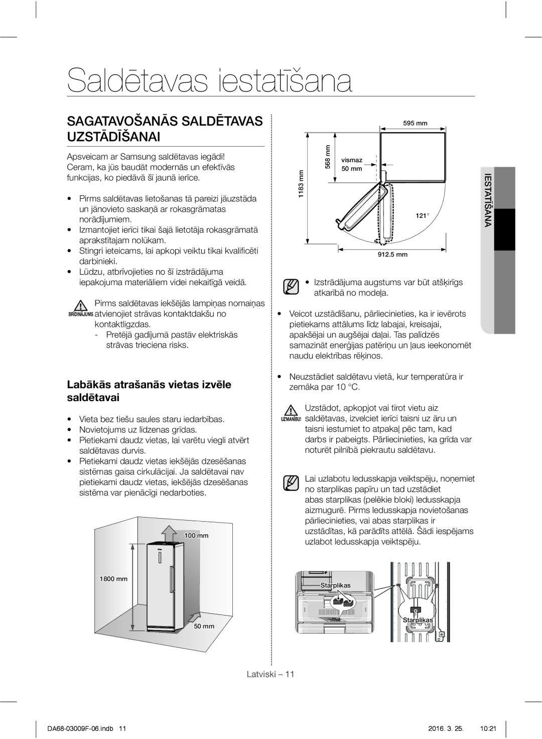 Samsung RZ28H6050SS/EO, RZ28H6165SS/EO, RZ28H6165SS/WS manual Saldētavas iestatīšana, Sagatavošanās Saldētavas Uzstādīšanai 